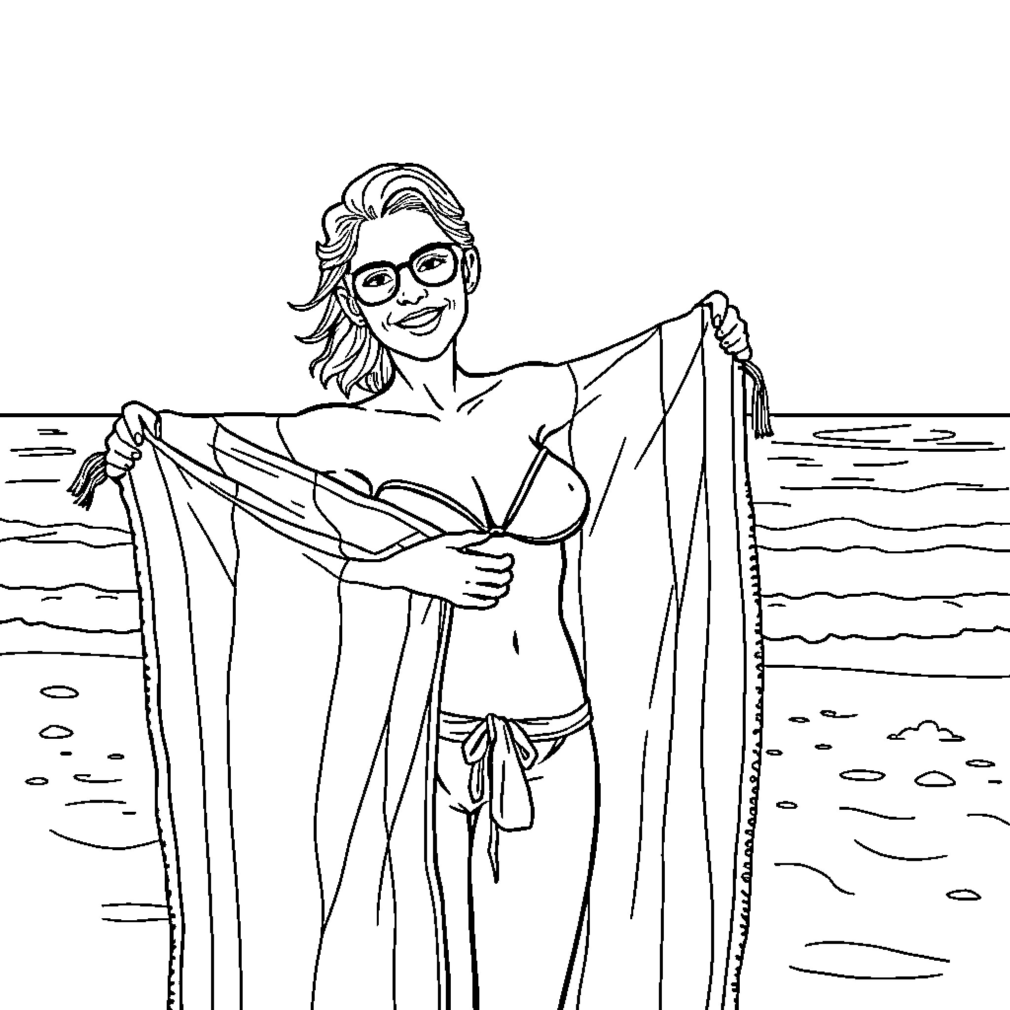 Wife enjoys beach day in swimsuit Coloring Page (free black-and-white line drawing printable PDF for all, from beginners to advanced learners, including children, teens, adults, and seniors)