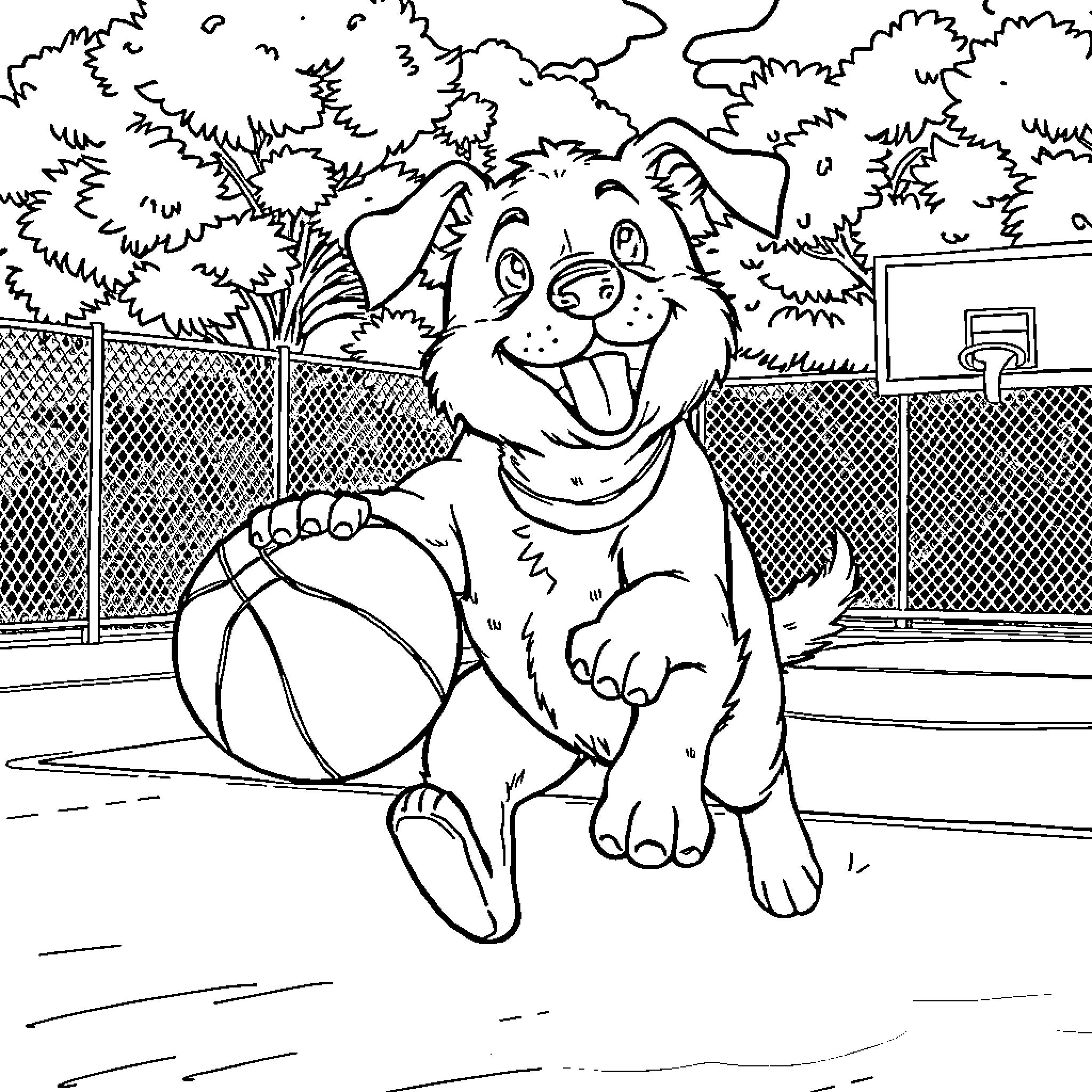 Dog playing with basketball in outdoor court Coloring Page (free black-and-white line drawing printable PDF for all, from beginners to advanced learners, including children, teens, adults, and seniors)