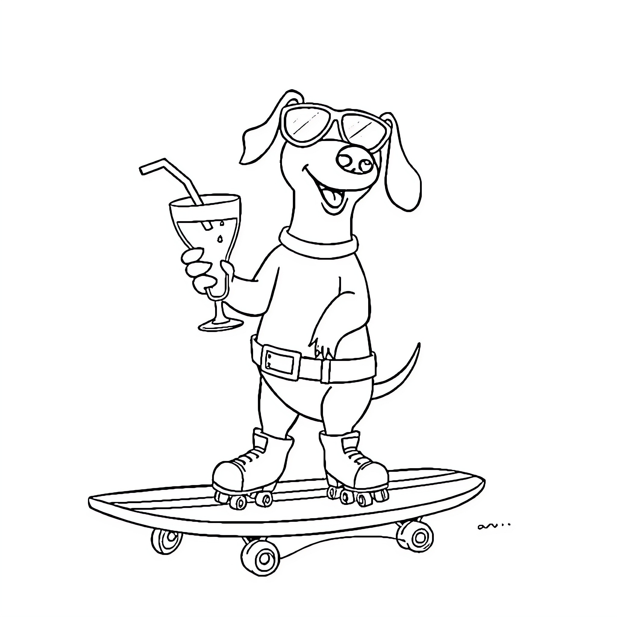 Sausage Dog surfing and enjoying a drink Coloring Page (free black-and-white line drawing printable PDF for all, from beginners to advanced learners, including children, teens, adults, and seniors)