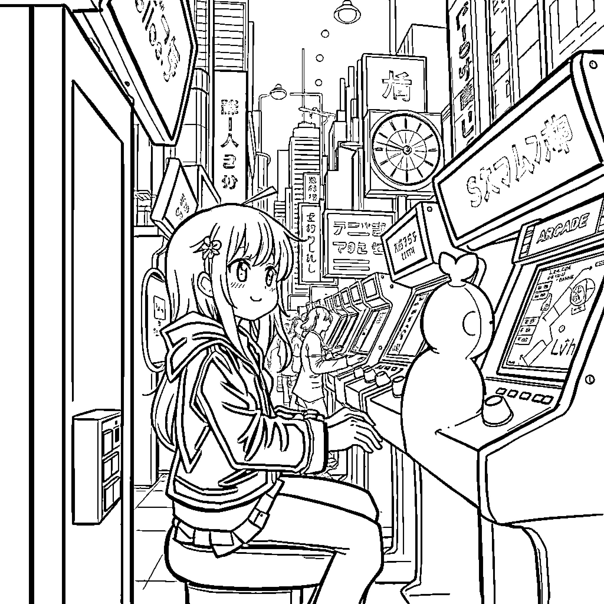 Kuromi explores the lively anime-inspired city Coloring Page (free black-and-white line drawing printable PDF for all, from beginners to advanced learners, including children, teens, adults, and seniors)