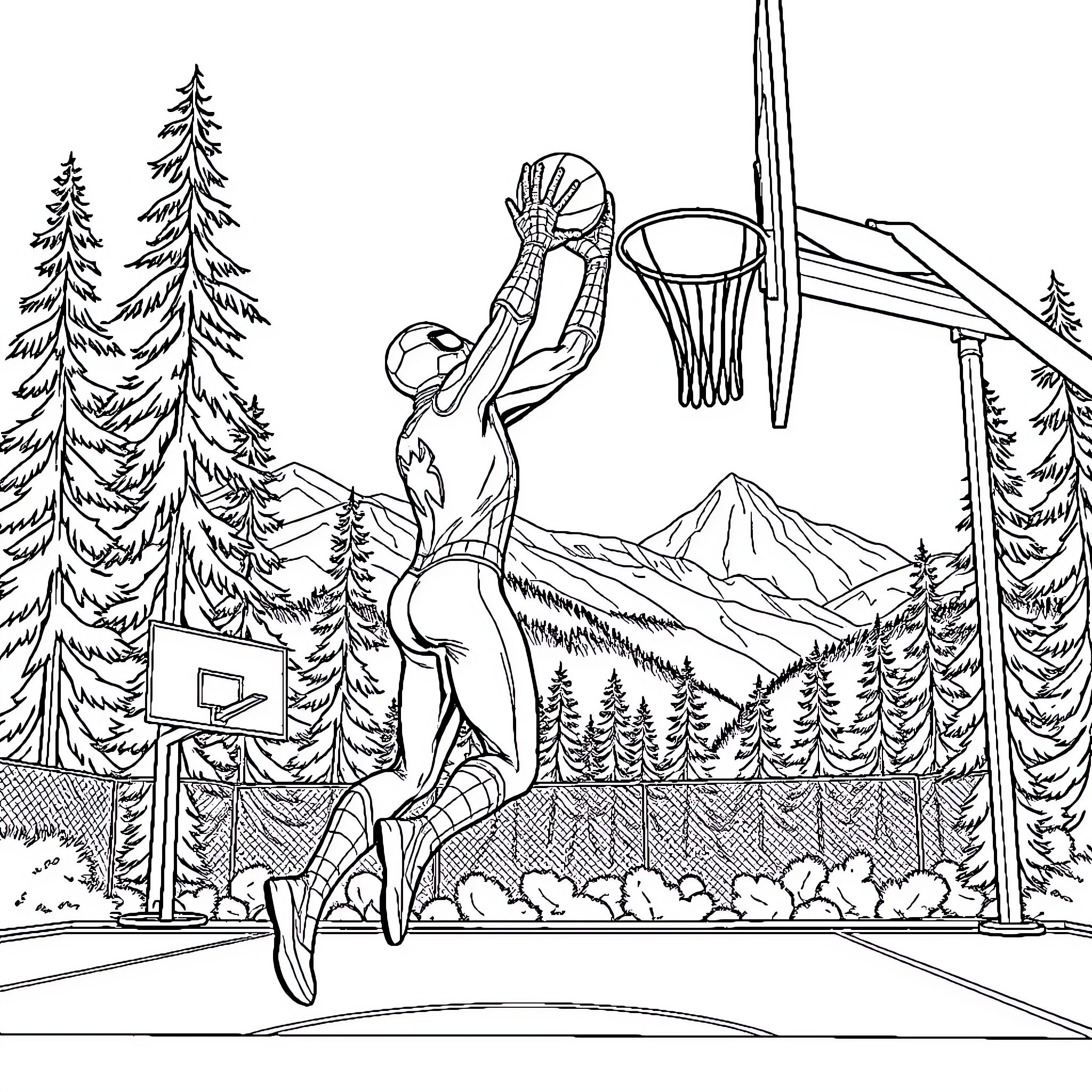 Spider-Man Playing Basketball in the Forest Coloring Page (free black-and-white line drawing printable PDF for all, from beginners to advanced learners, including children, teens, adults, and seniors)