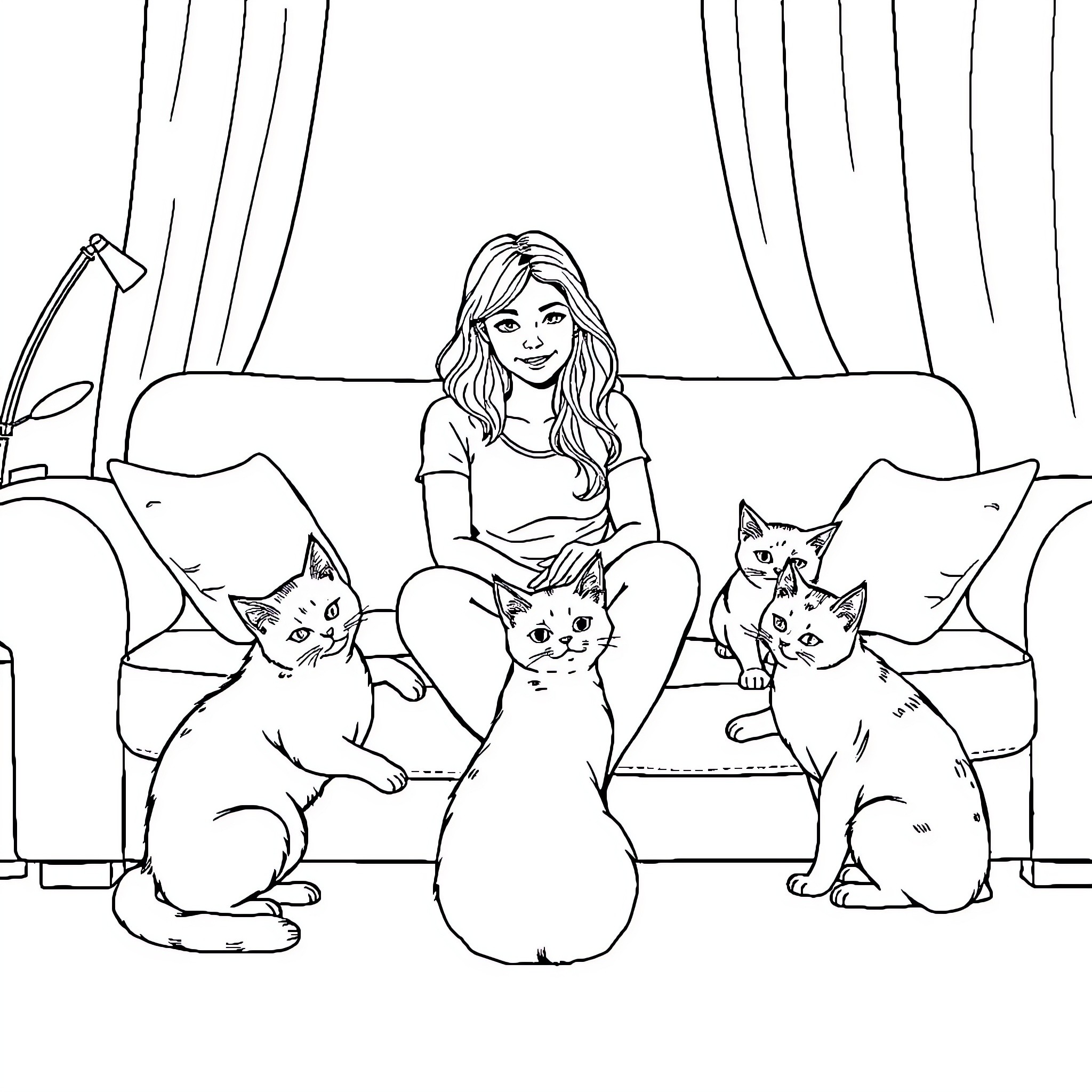 Cat owner relaxing on couch with feline friends Coloring Page (free black-and-white line drawing printable PDF for all, from beginners to advanced learners, including children, teens, adults, and seniors)
