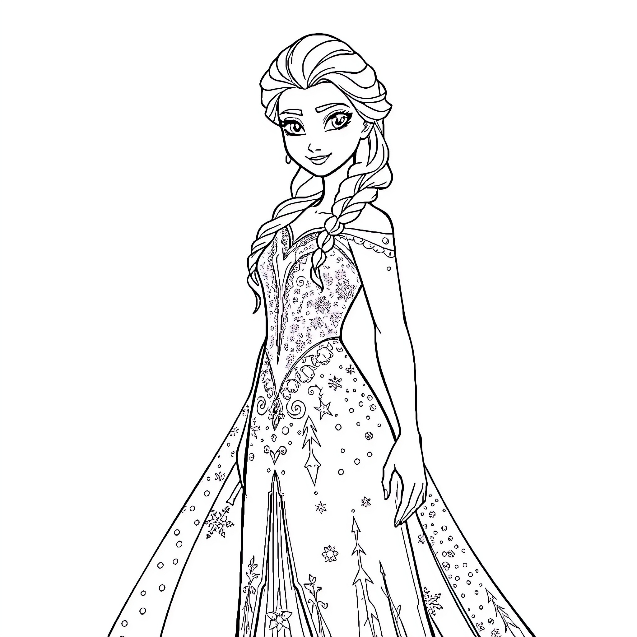 Elsa in her elegant winter attire Coloring Page (free black-and-white line drawing printable PDF for all, from beginners to advanced learners, including children, teens, adults, and seniors)
