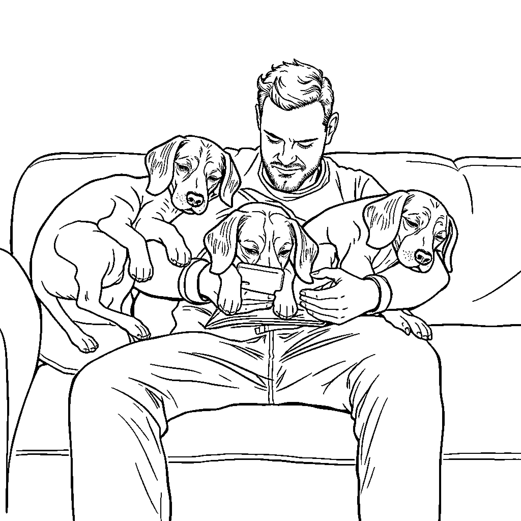 Beagle puppies snuggle with caring owner on couch Coloring Page (free black-and-white line drawing printable PDF for all, from beginners to advanced learners, including children, teens, adults, and seniors)