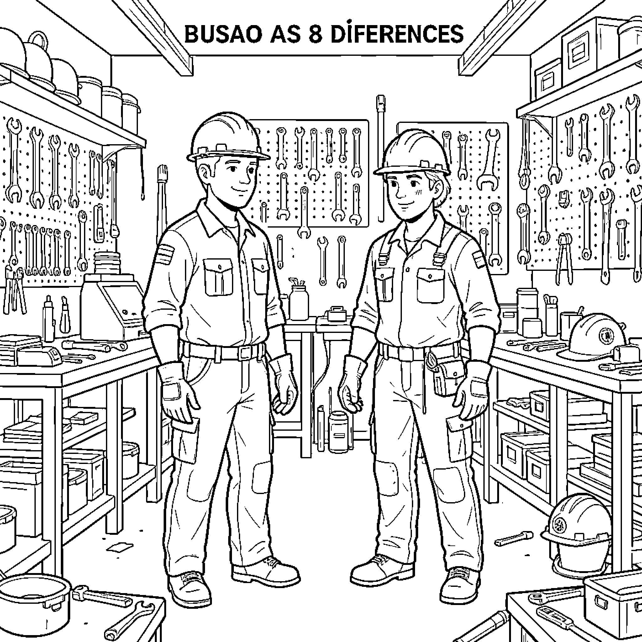 Persona of Two Mechanics in a Workshop Coloring Page (free black-and-white line drawing printable PDF for all, from beginners to advanced learners, including children, teens, adults, and seniors)