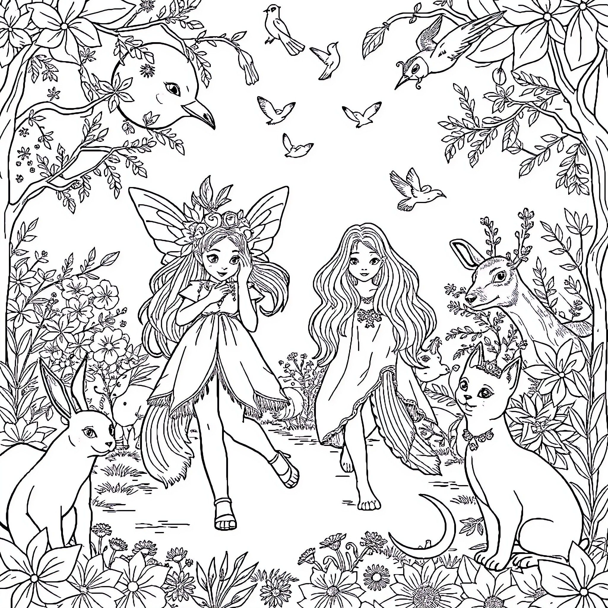 Fairy Princesses Explore Enchanted Woodland Coloring Page (free black-and-white line drawing printable PDF for all, from beginners to advanced learners, including children, teens, adults, and seniors)