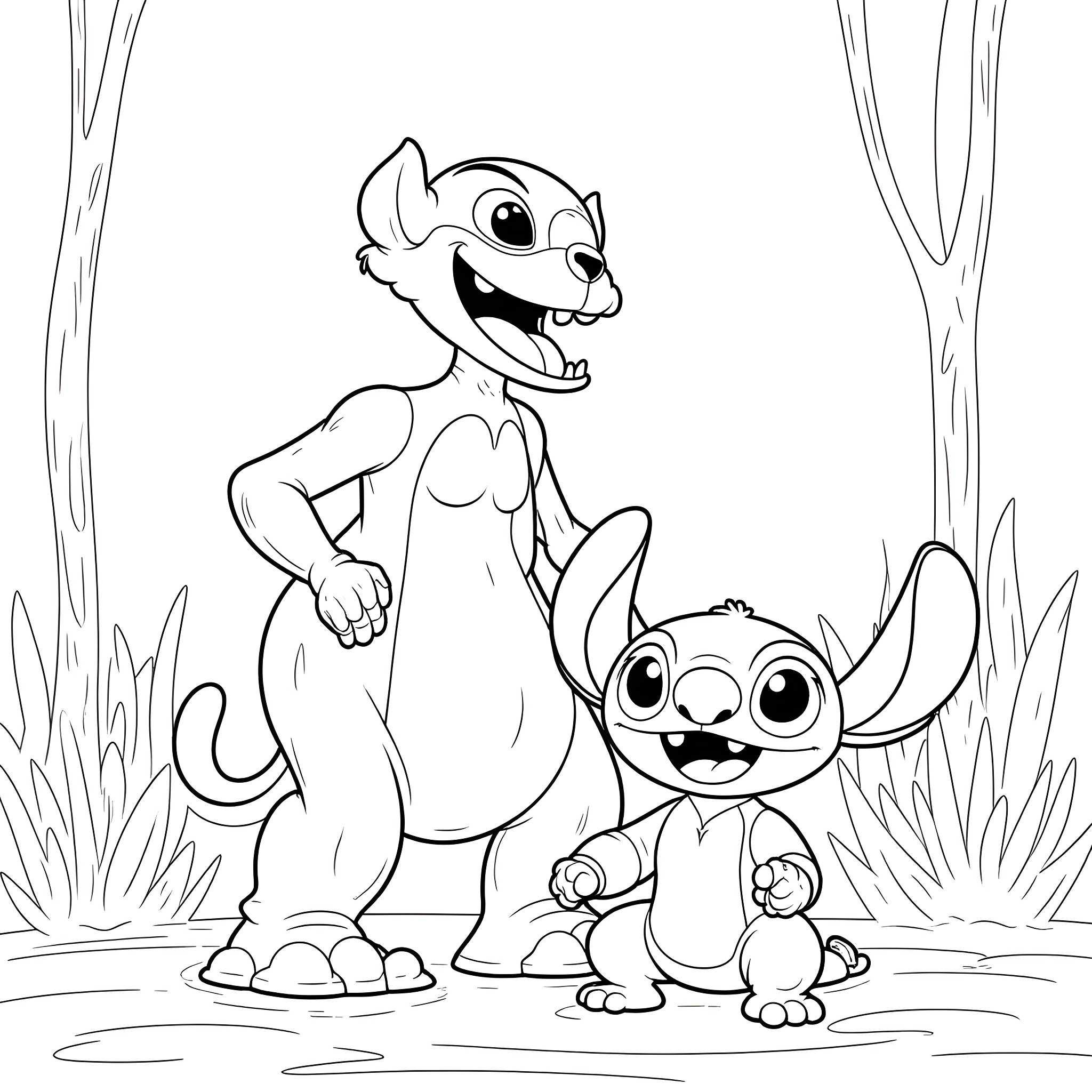 Roz and Stitch's Playful Adventure Coloring Page (free black-and-white line drawing printable PDF for all, from beginners to advanced learners, including children, teens, adults, and seniors)