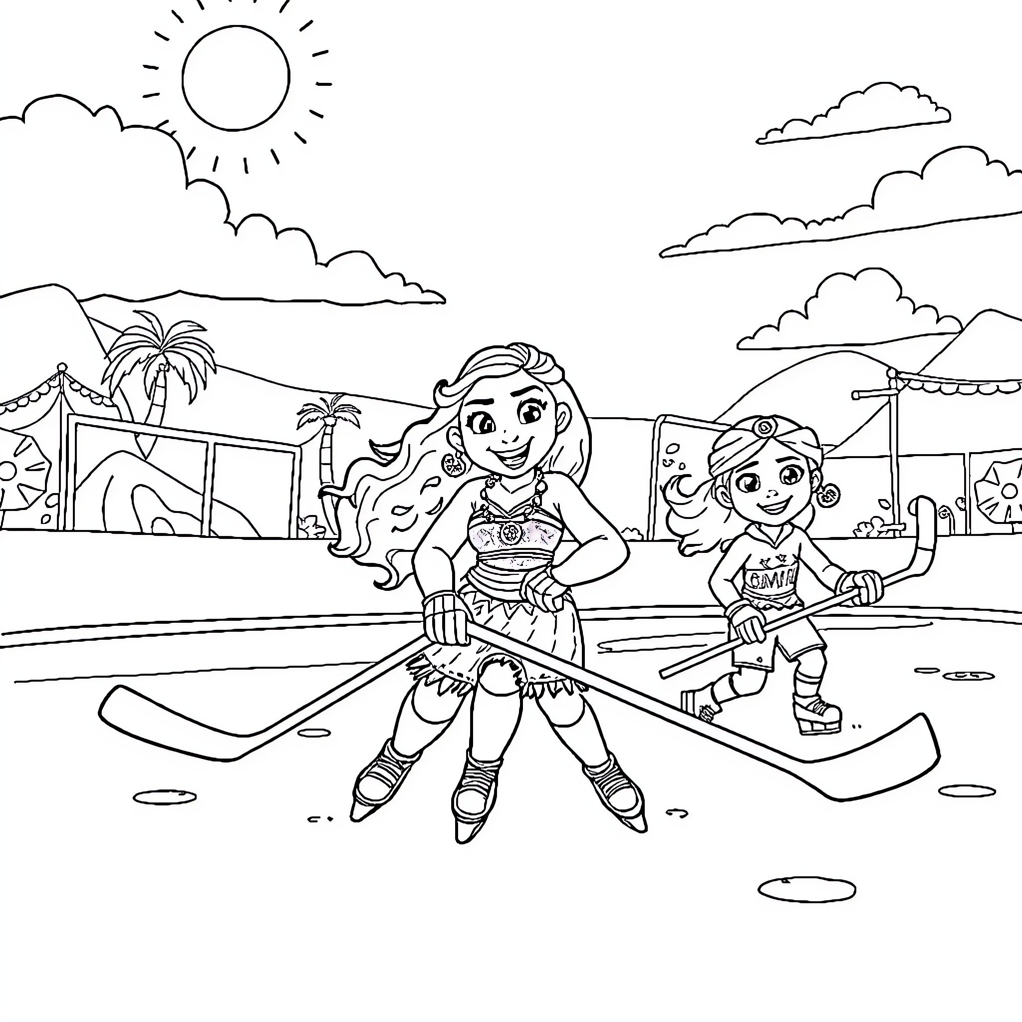 Moana and friends enjoying winter sports Coloring Page (free black-and-white line drawing printable PDF for all, from beginners to advanced learners, including children, teens, adults, and seniors)