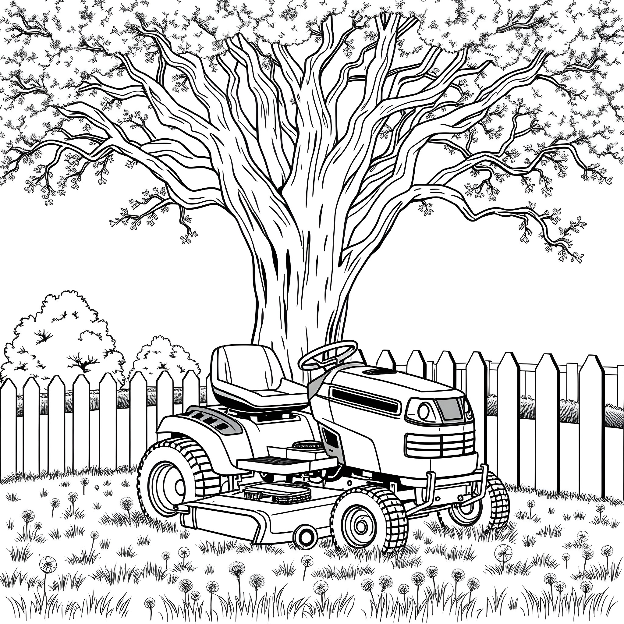 Riding Mower operating in a garden scene Coloring Page (free black-and-white line drawing printable PDF for all, from beginners to advanced learners, including children, teens, adults, and seniors)