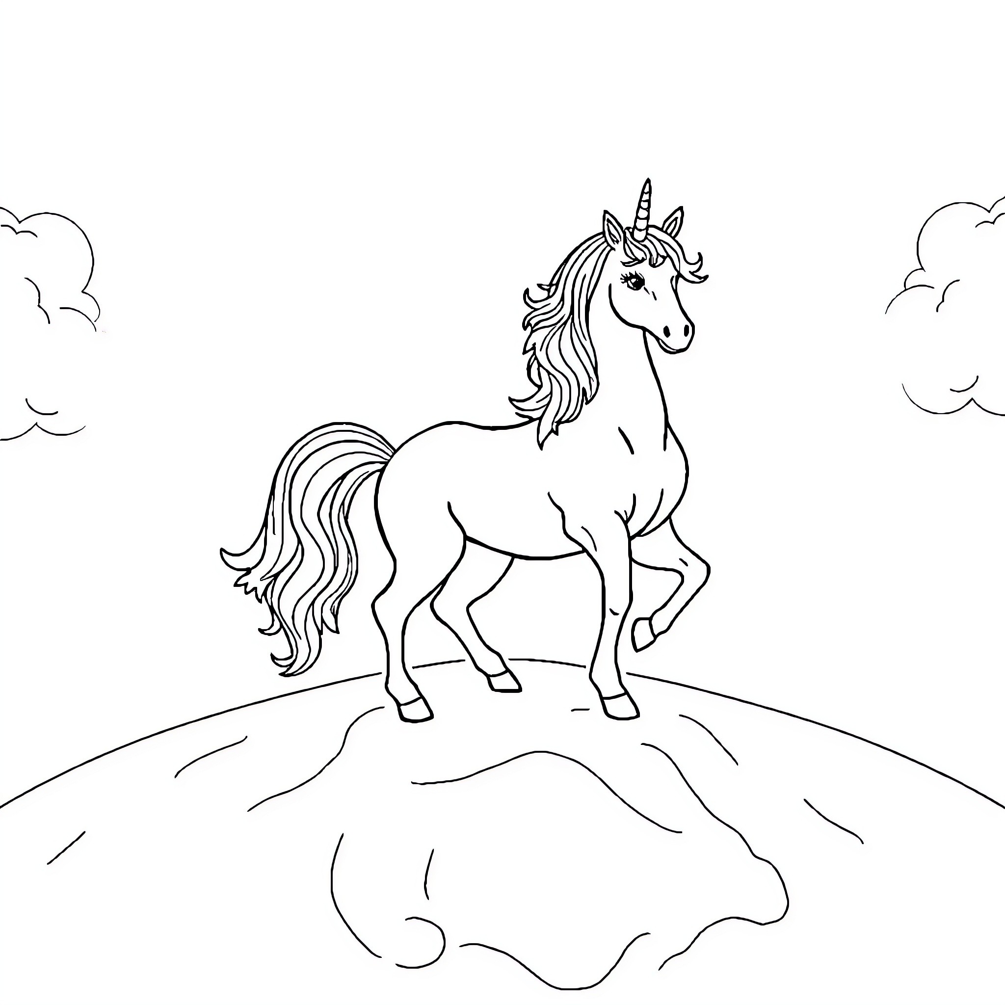 Unicorn standing proudly on a grassy hill Coloring Page (free black-and-white line drawing printable PDF for all, from beginners to advanced learners, including children, teens, adults, and seniors)
