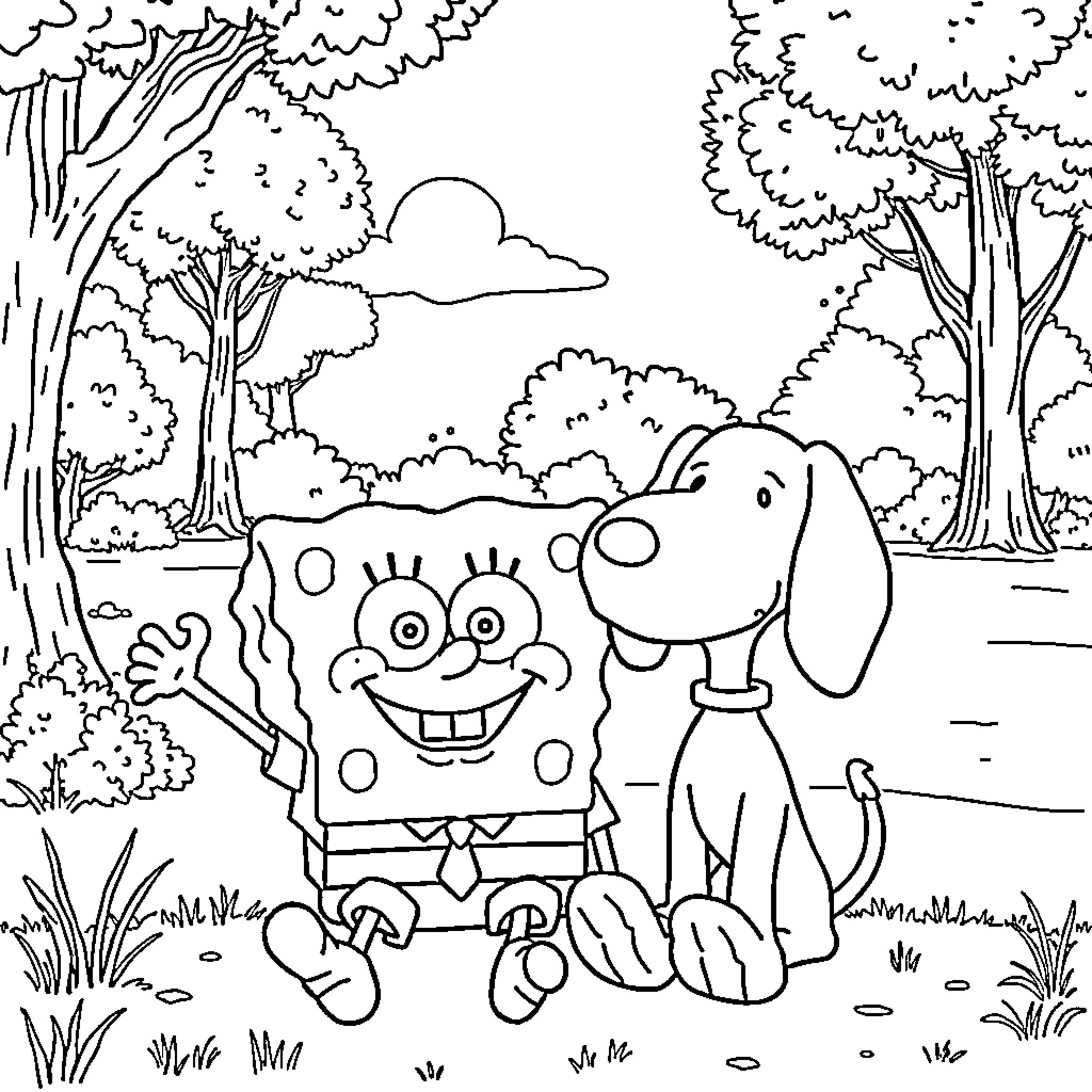 Spongebob and Puppy Explore the Outdoors Coloring Page (free black-and-white line drawing printable PDF for all, from beginners to advanced learners, including children, teens, adults, and seniors)