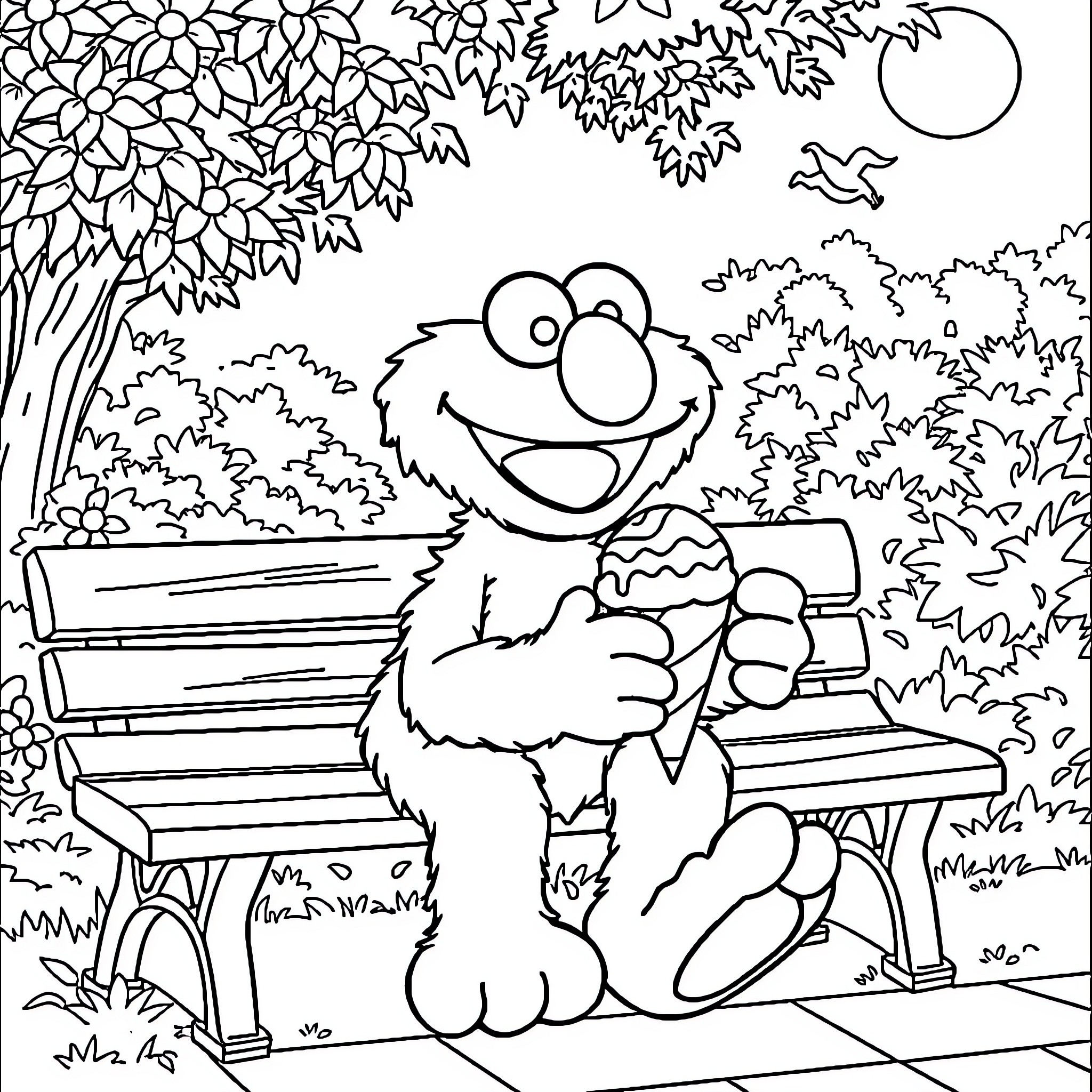 Elmo enjoying a peaceful day in the park Coloring Page (free black-and-white line drawing printable PDF for all, from beginners to advanced learners, including children, teens, adults, and seniors)