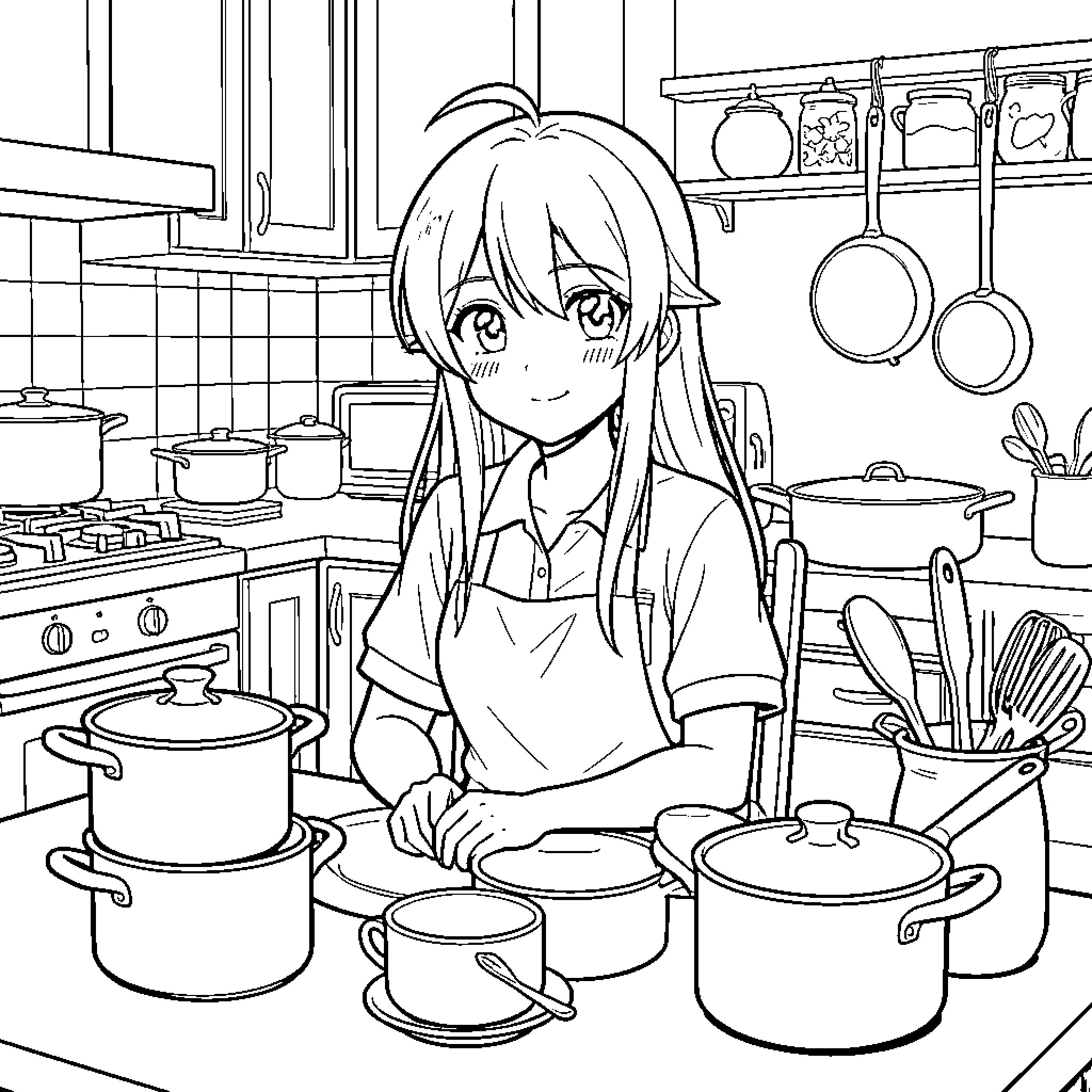 Avatar girl smiling while cooking in a kitchen Coloring Page (free black-and-white line drawing printable PDF for all, from beginners to advanced learners, including children, teens, adults, and seniors)