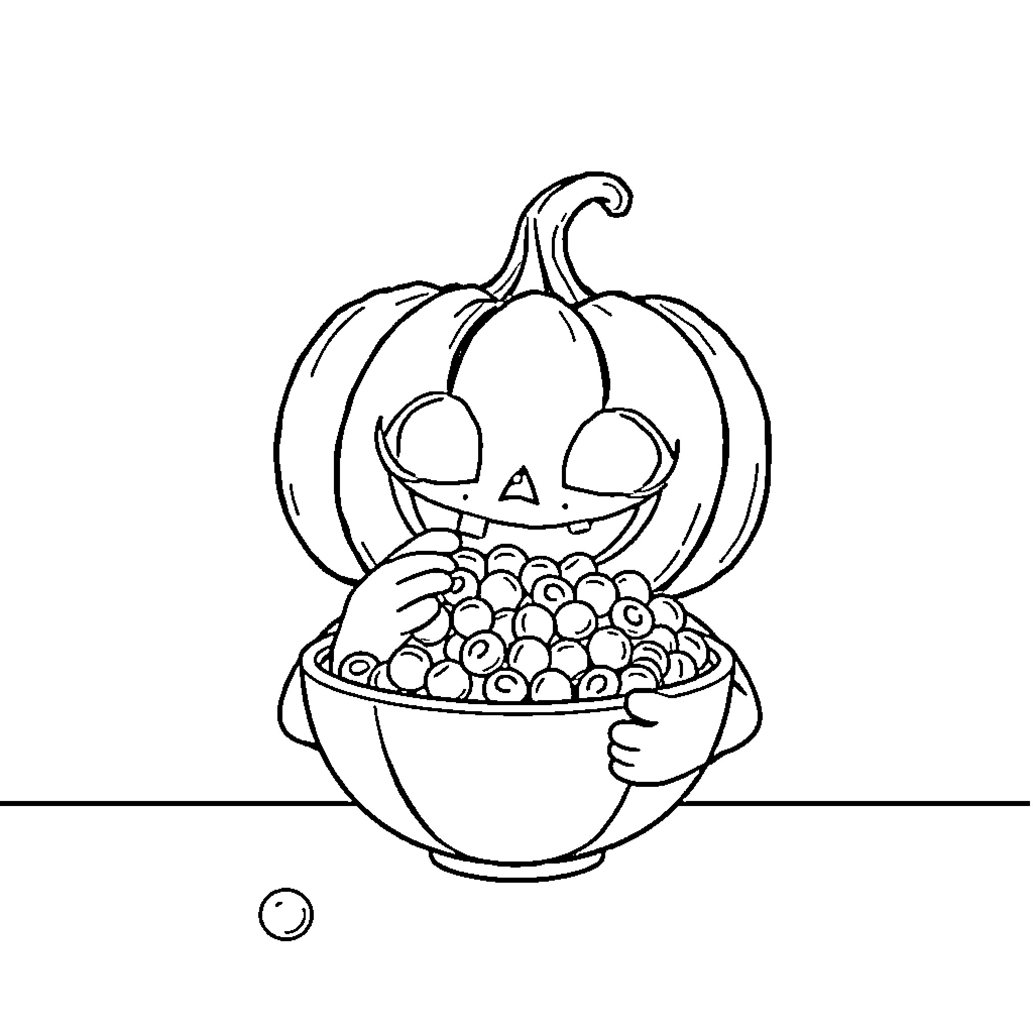Pumpkin Carving Contest with Candy Coloring Page (free black-and-white line drawing printable PDF for all, from beginners to advanced learners, including children, teens, adults, and seniors)