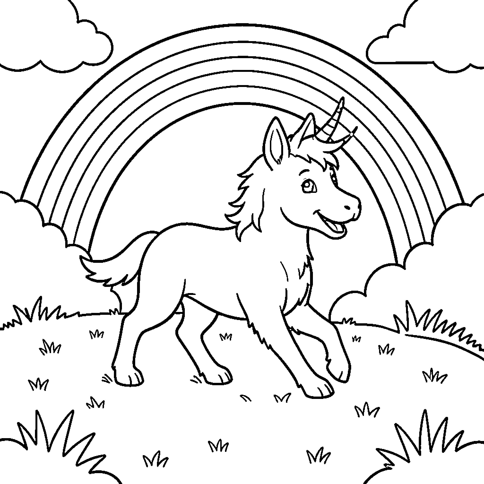 Einhorn playing joyfully under a colorful rainbow Coloring Page (free black-and-white line drawing printable PDF for all, from beginners to advanced learners, including children, teens, adults, and seniors)