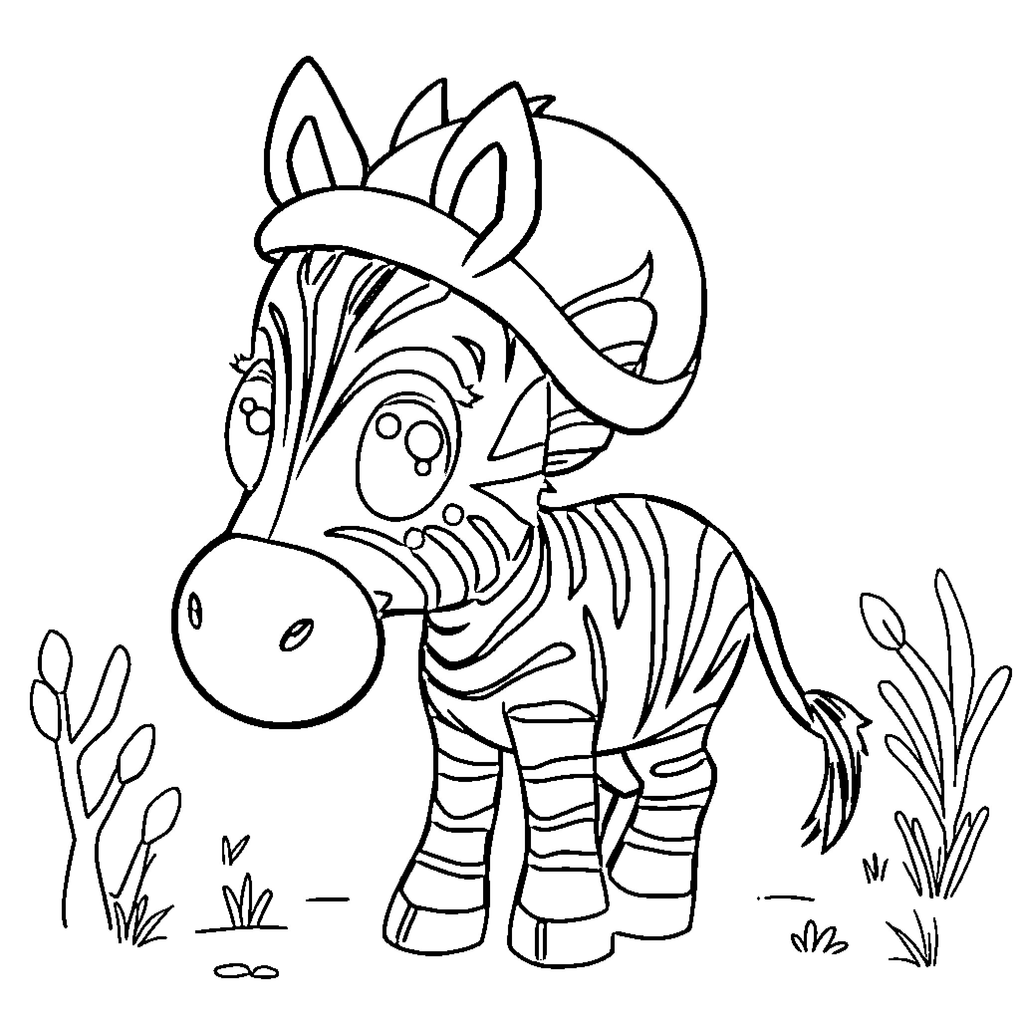 Zebra in playful stance with whimsical attire Coloring Page (free black-and-white line drawing printable PDF for all, from beginners to advanced learners, including children, teens, adults, and seniors)