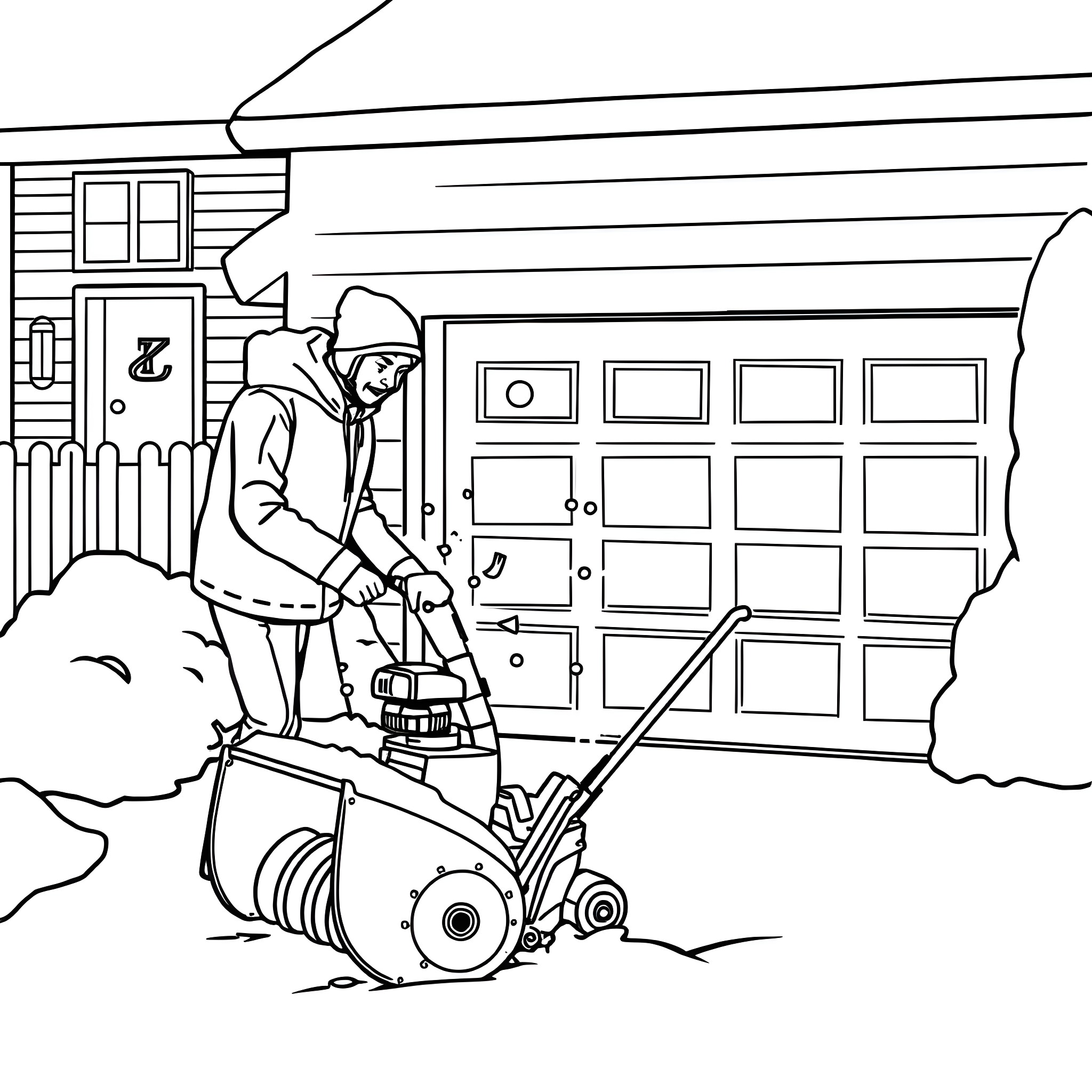 Guy clearing snow with a snowblower in front of his house Coloring Page (free black-and-white line drawing printable PDF for all, from beginners to advanced learners, including children, teens, adults, and seniors)