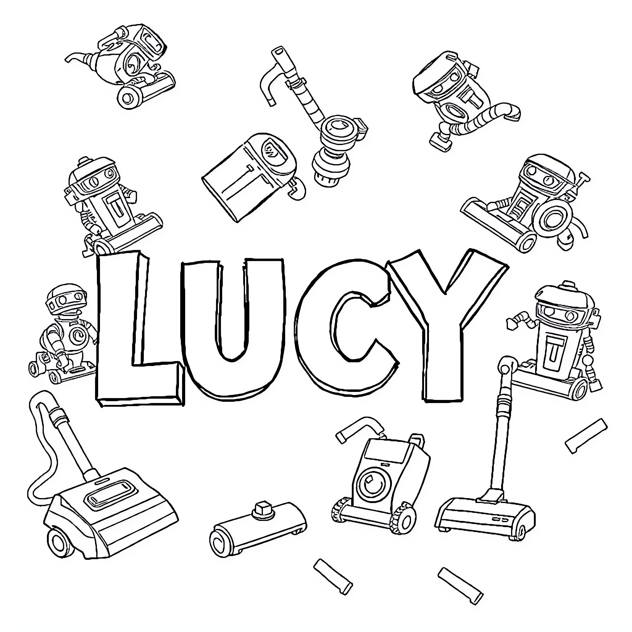 Lucy and her robot friends on an adventure Coloring Page (free black-and-white line drawing printable PDF for all, from beginners to advanced learners, including children, teens, adults, and seniors)