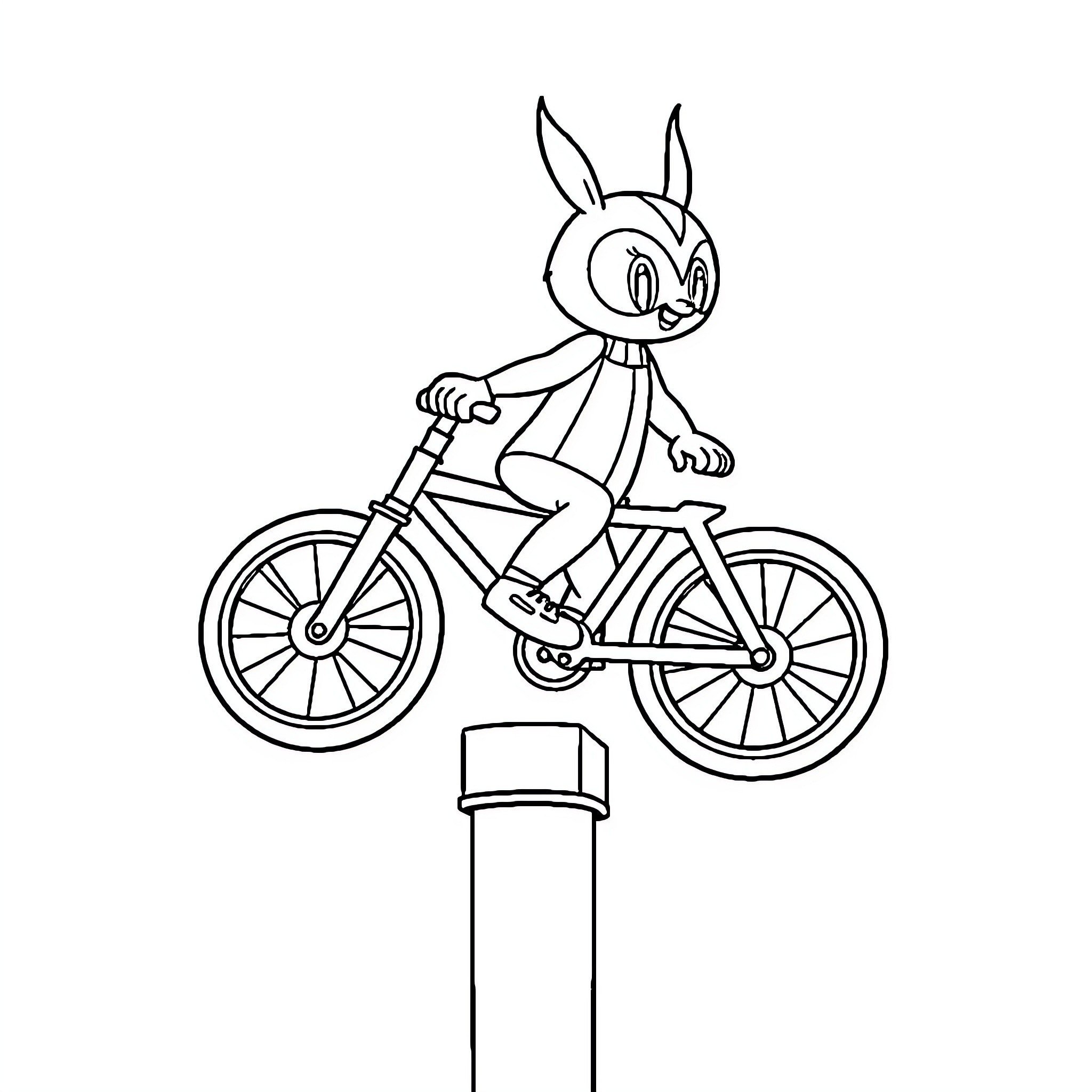 Patrol bunny riding bicycle on the road Coloring Page (free black-and-white line drawing printable PDF for all, from beginners to advanced learners, including children, teens, adults, and seniors)