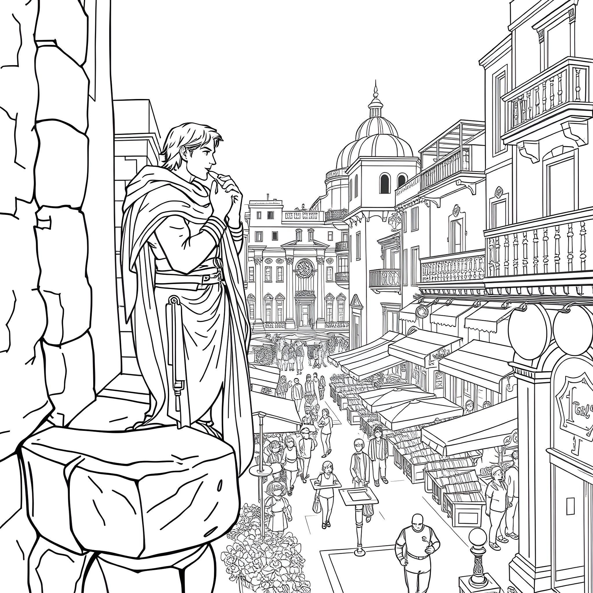 Ezio's Contemplative Stance in a Bustling Renaissance City Coloring Page (free black-and-white line drawing printable PDF for all, from beginners to advanced learners, including children, teens, adults, and seniors)