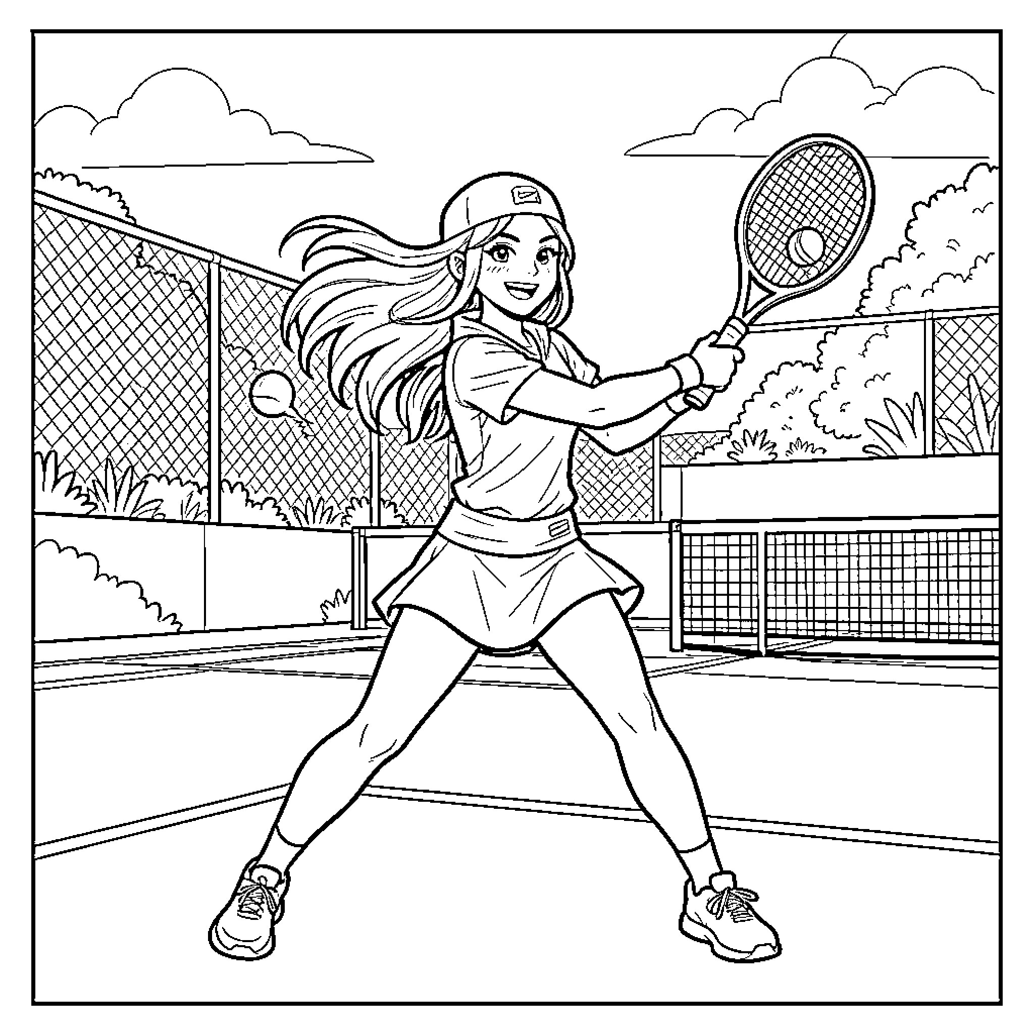 Rumi playing tennis on a court with a racket Coloring Page (free black-and-white line drawing printable PDF for all, from beginners to advanced learners, including children, teens, adults, and seniors)
