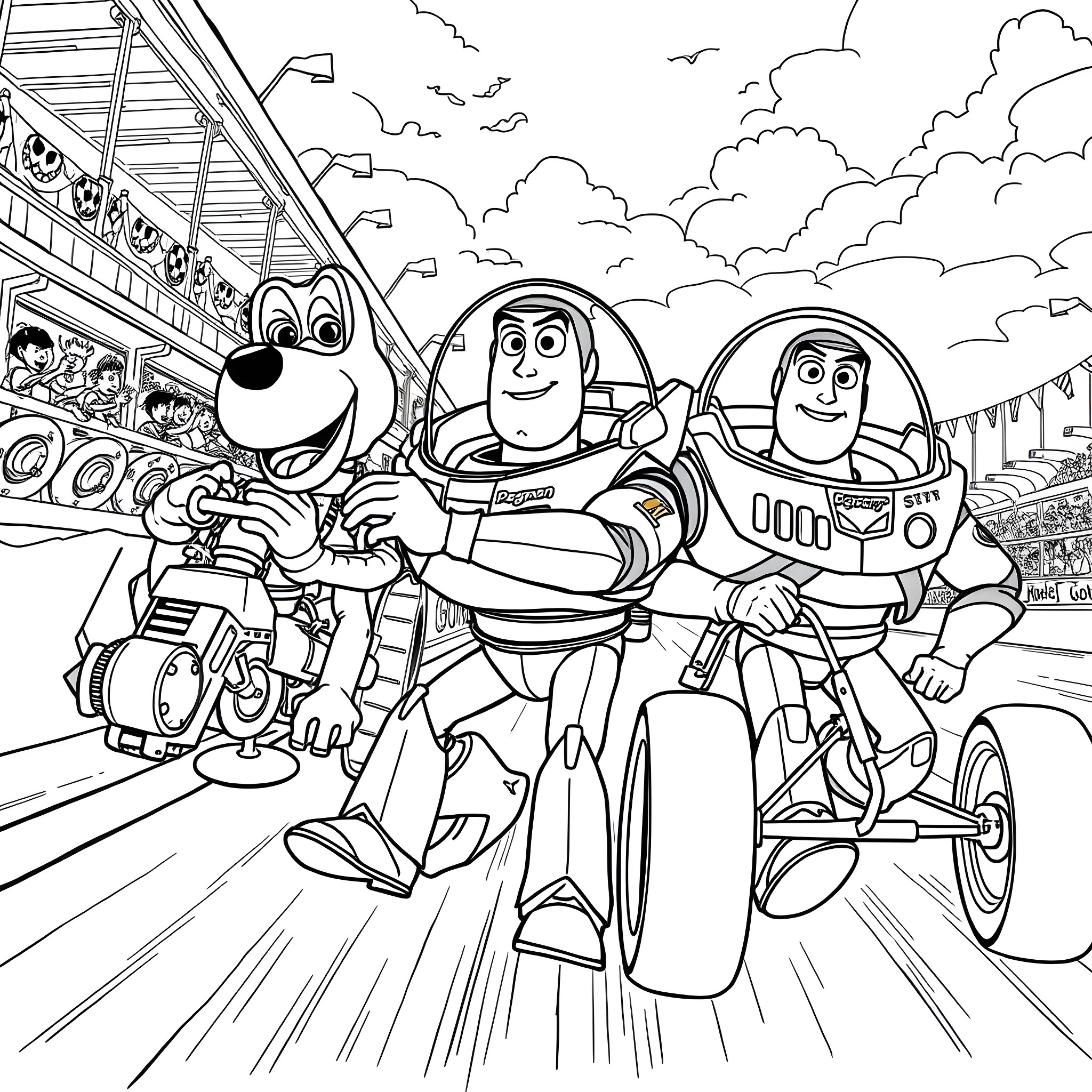 Dogman and friends embark on an exciting adventure Coloring Page (free black-and-white line drawing printable PDF for all, from beginners to advanced learners, including children, teens, adults, and seniors)