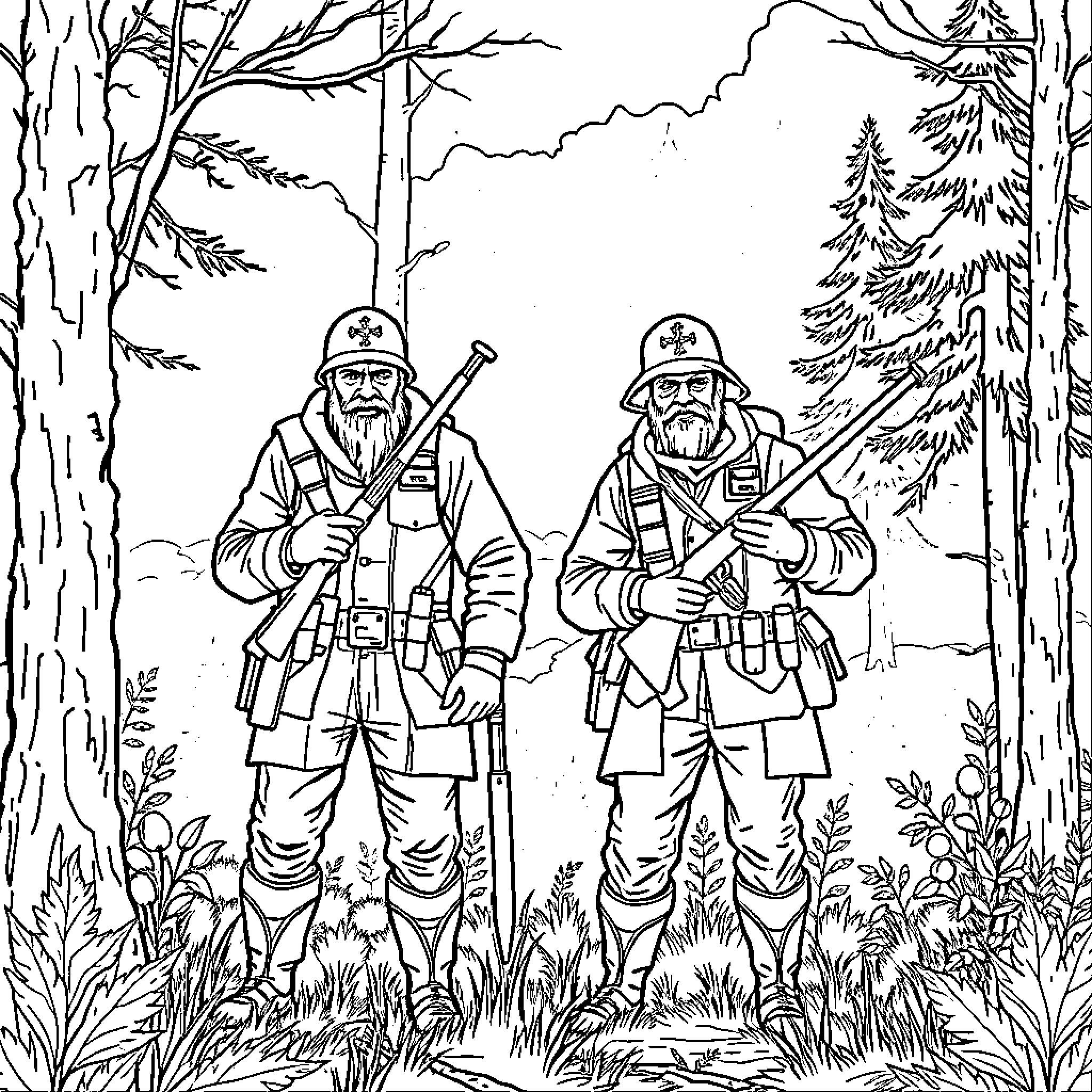 Jäger soldiers patrolling through the snowy forest Coloring Page (free black-and-white line drawing printable PDF for all, from beginners to advanced learners, including children, teens, adults, and seniors)