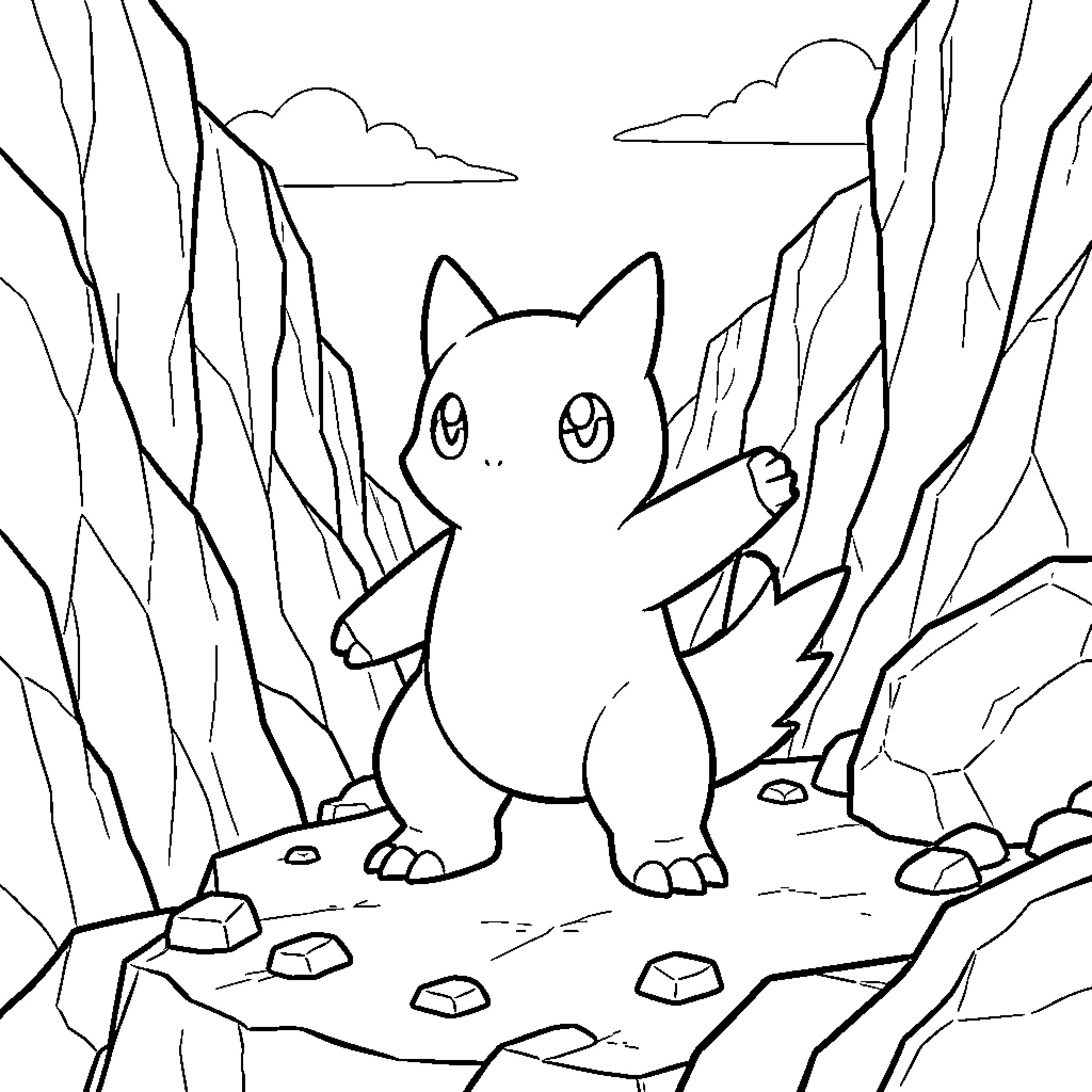 Rock-Type Pokemon in a Mountainous Landscape Coloring Page (free black-and-white line drawing printable PDF for all, from beginners to advanced learners, including children, teens, adults, and seniors)
