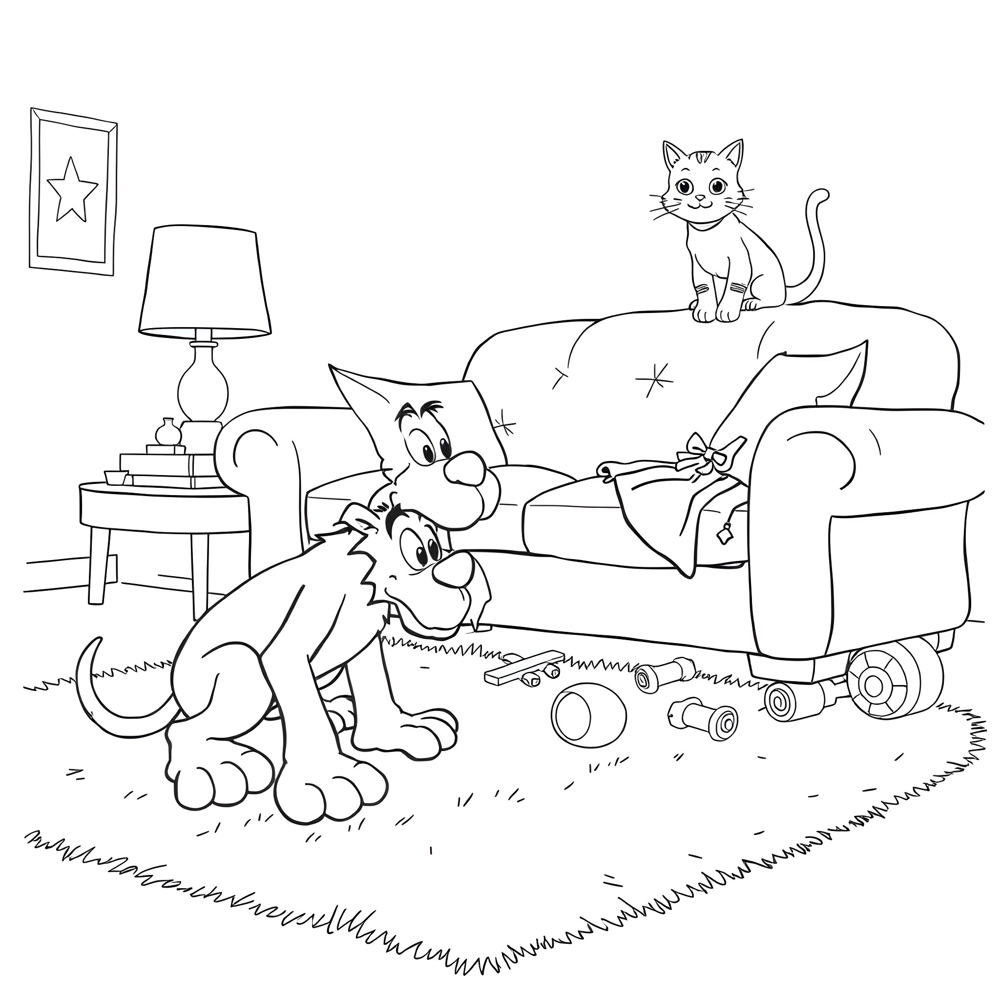 Alf's Playful Companions Coloring Page (free black-and-white line drawing printable PDF for all, from beginners to advanced learners, including children, teens, adults, and seniors)