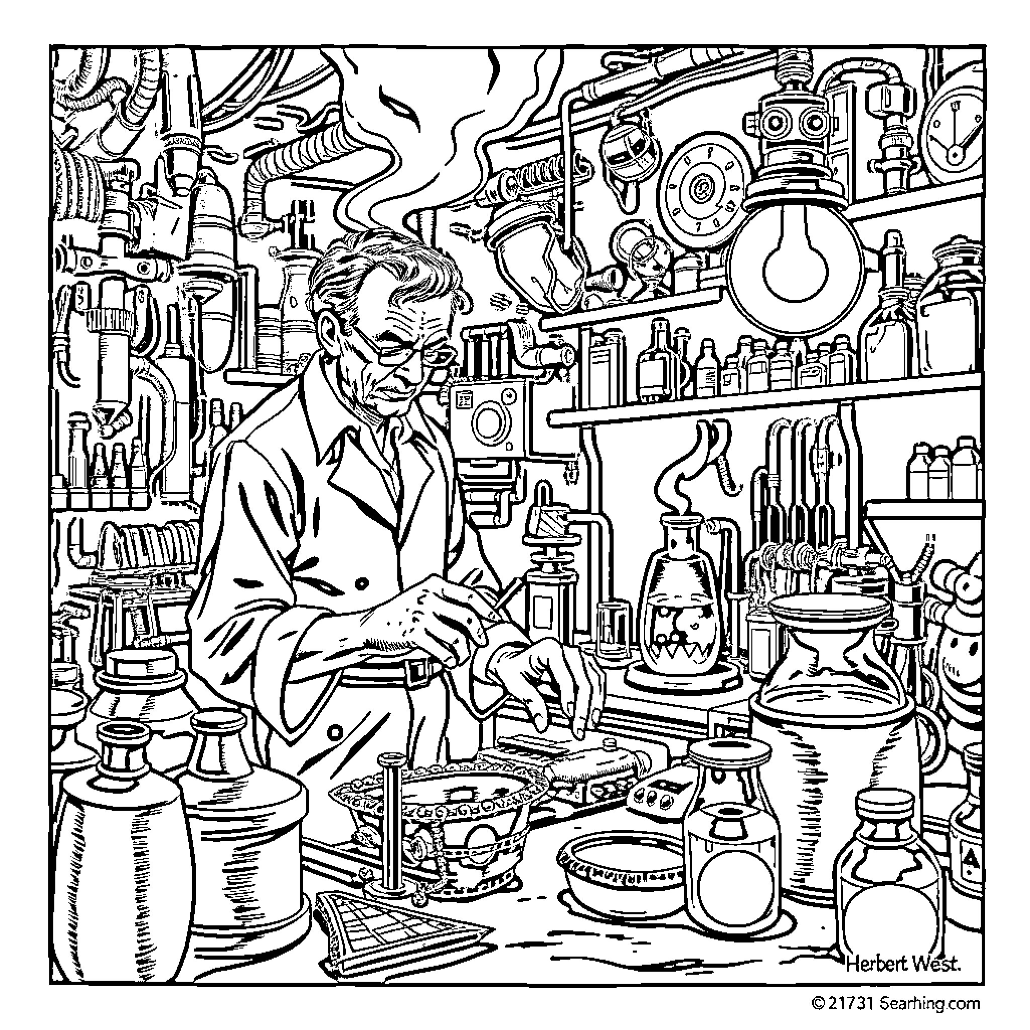 Herbert West's Ominous Laboratory Experiment Coloring Page (free black-and-white line drawing printable PDF for all, from beginners to advanced learners, including children, teens, adults, and seniors)