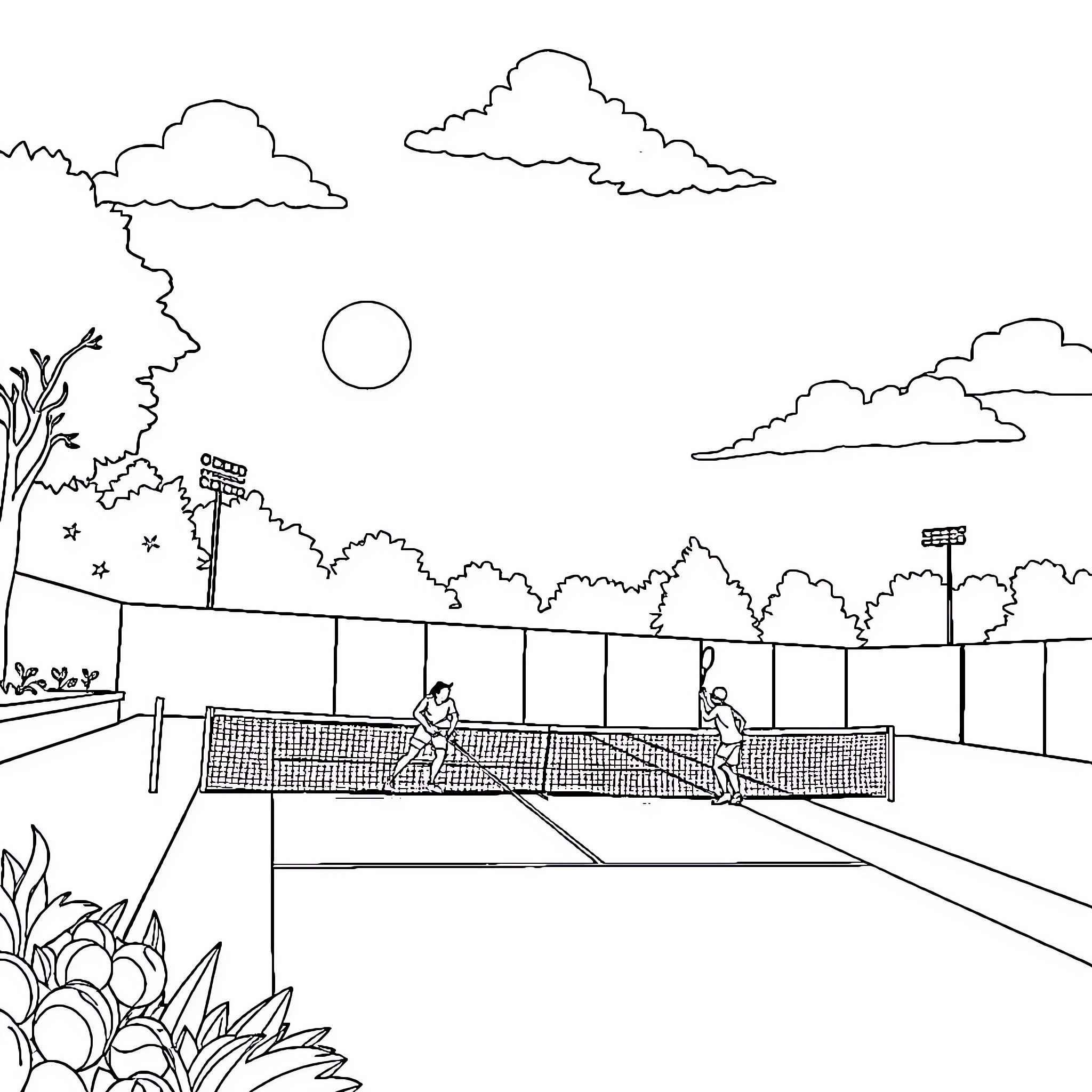 Tennis Players on the Court at Sunset Coloring Page (free black-and-white line drawing printable PDF for all, from beginners to advanced learners, including children, teens, adults, and seniors)