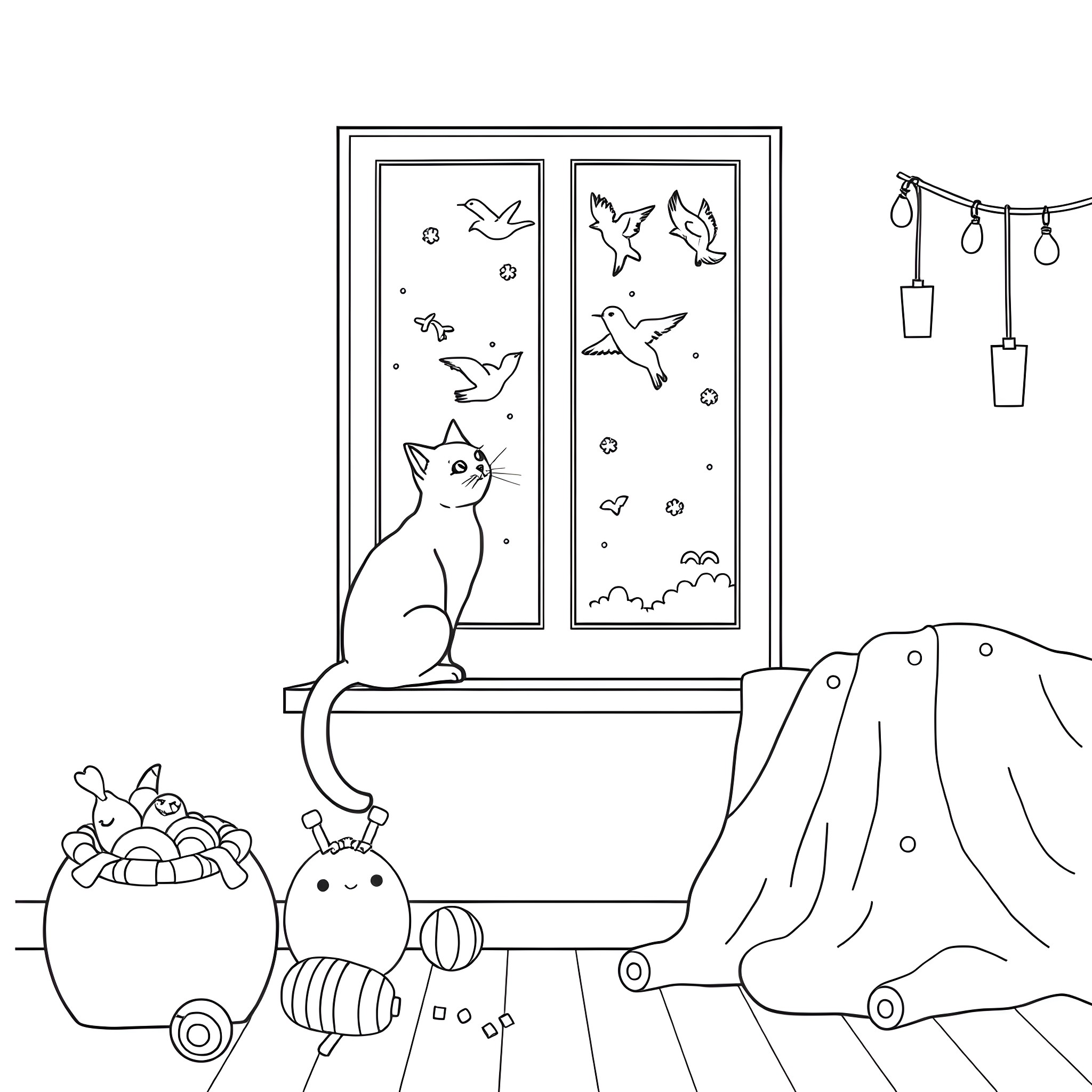 Cat observing butterflies through window Coloring Page (free black-and-white line drawing printable PDF for all, from beginners to advanced learners, including children, teens, adults, and seniors)