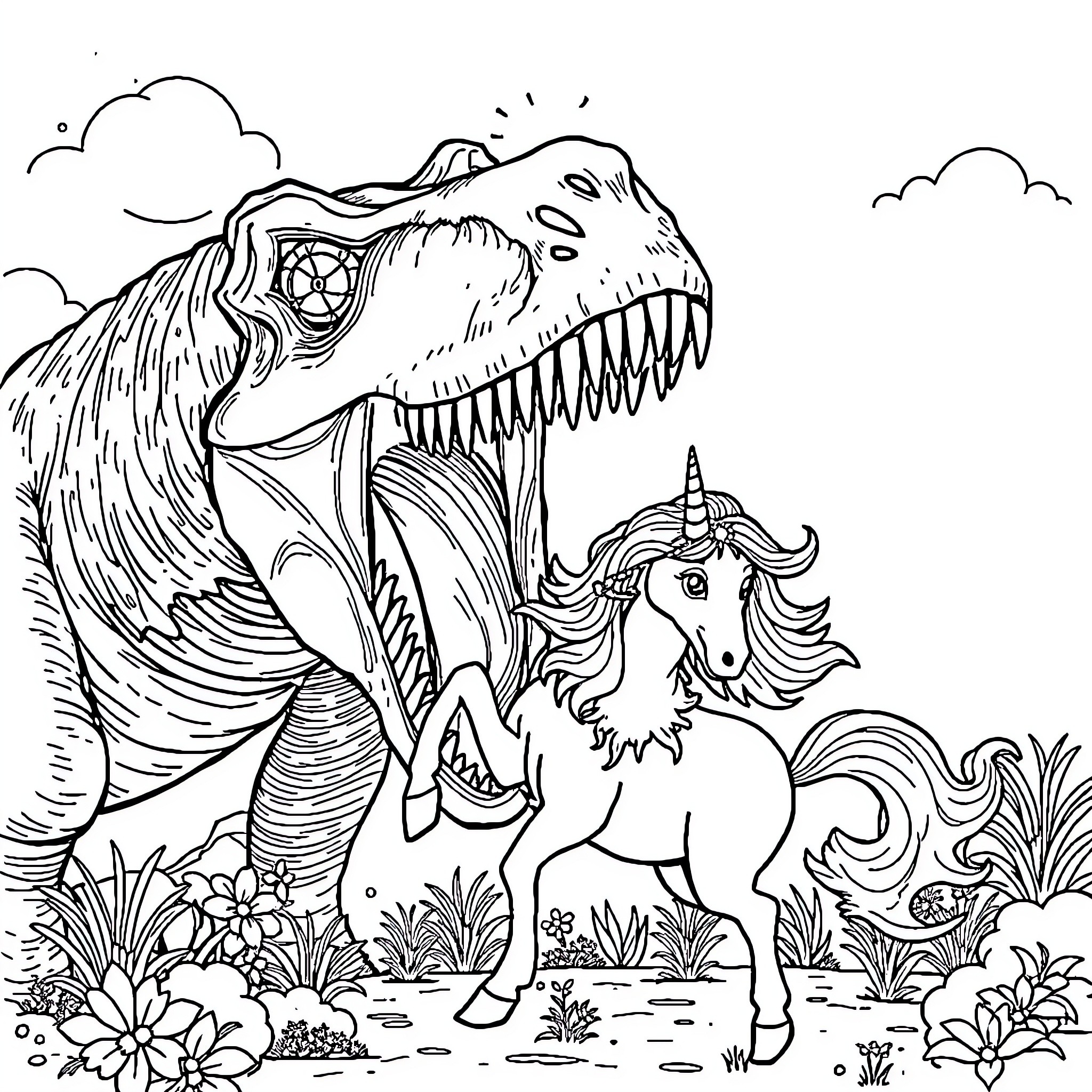 Dinosaur and Unicorn in Fantastical Landscape Coloring Page (free black-and-white line drawing printable PDF for all, from beginners to advanced learners, including children, teens, adults, and seniors)