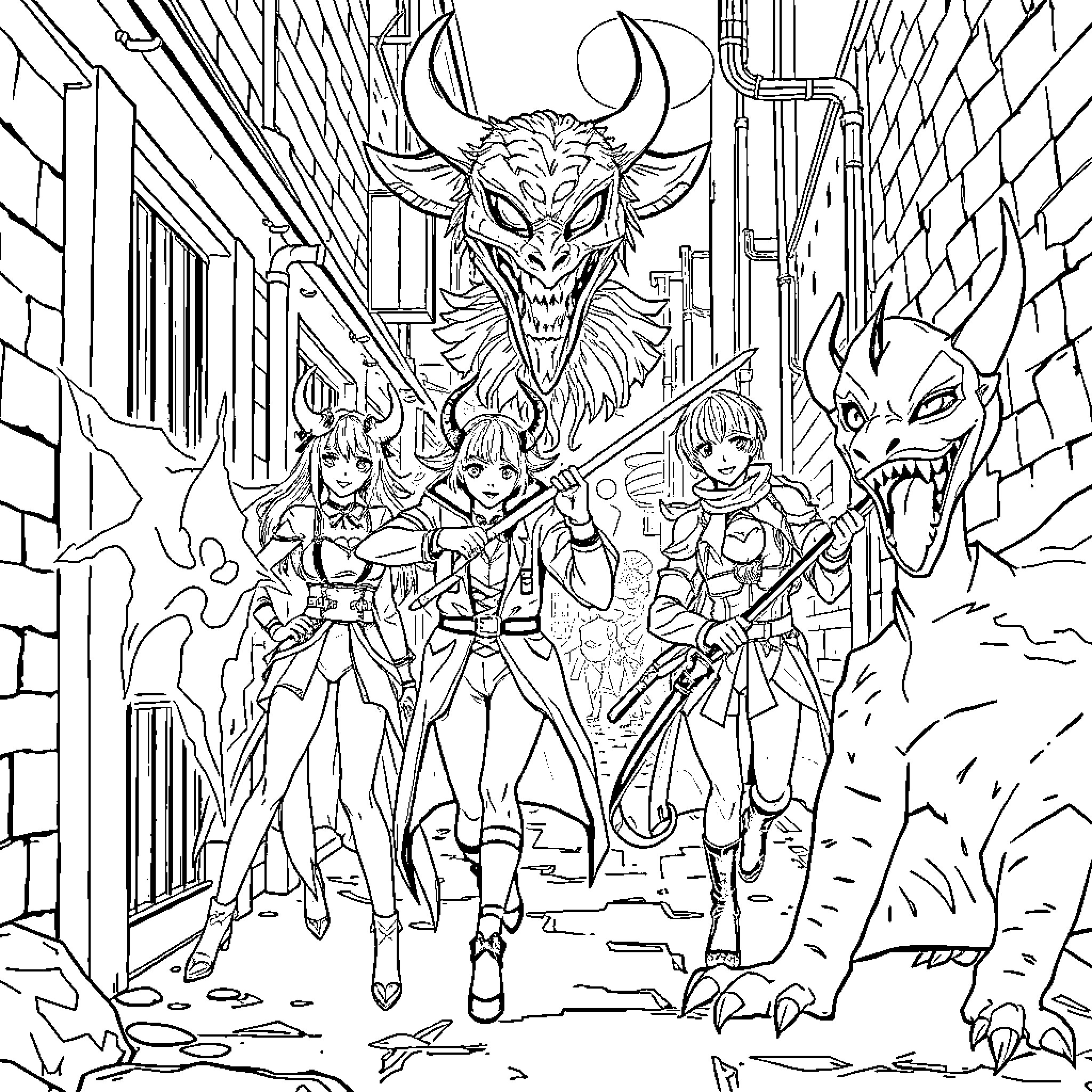 Demon Hunter Squad Battling Otherworldly Foes Coloring Page (free black-and-white line drawing printable PDF for all, from beginners to advanced learners, including children, teens, adults, and seniors)