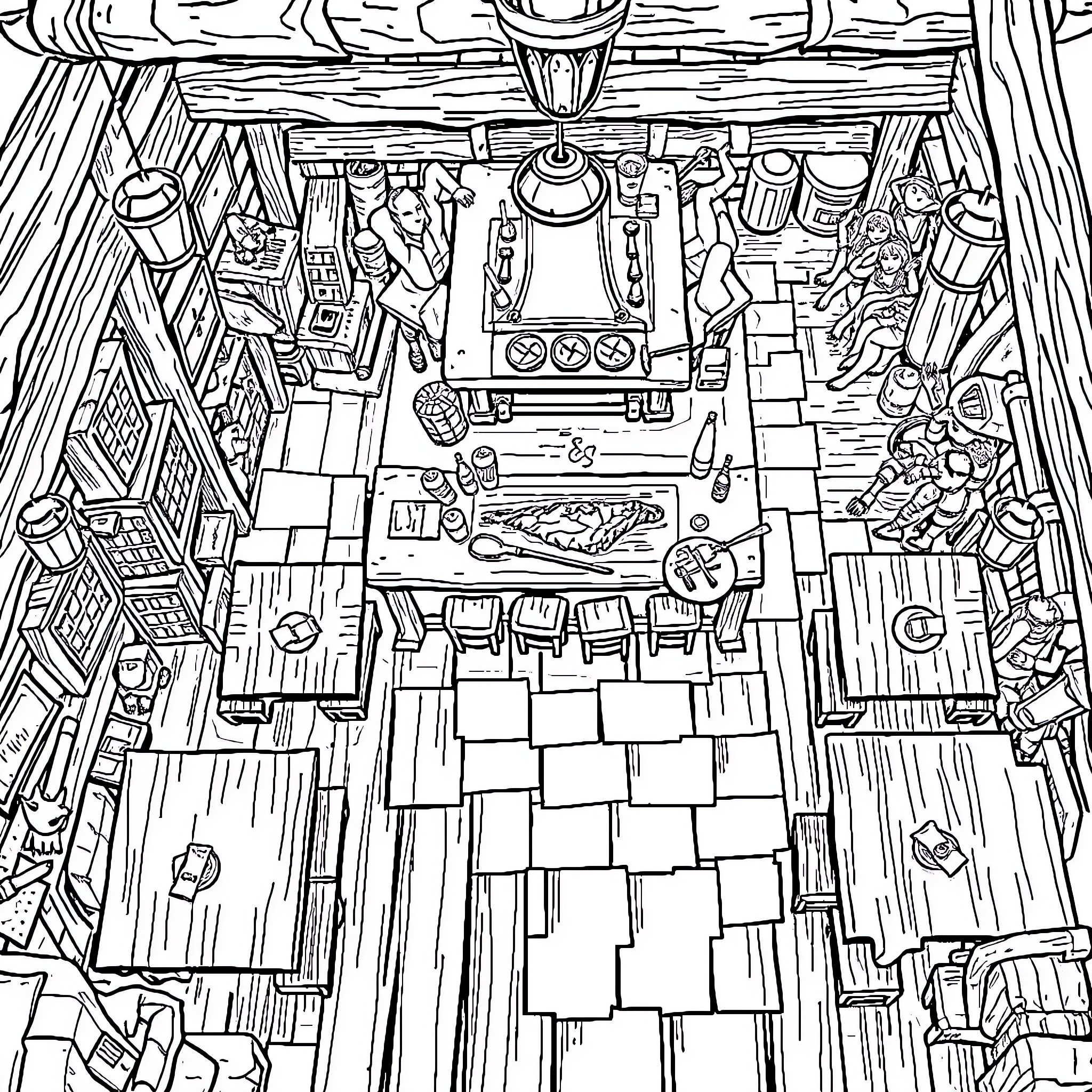 Tavern with Lively Scenes and Detailed Furnishings Coloring Page (free black-and-white line drawing printable PDF for all, from beginners to advanced learners, including children, teens, adults, and seniors)
