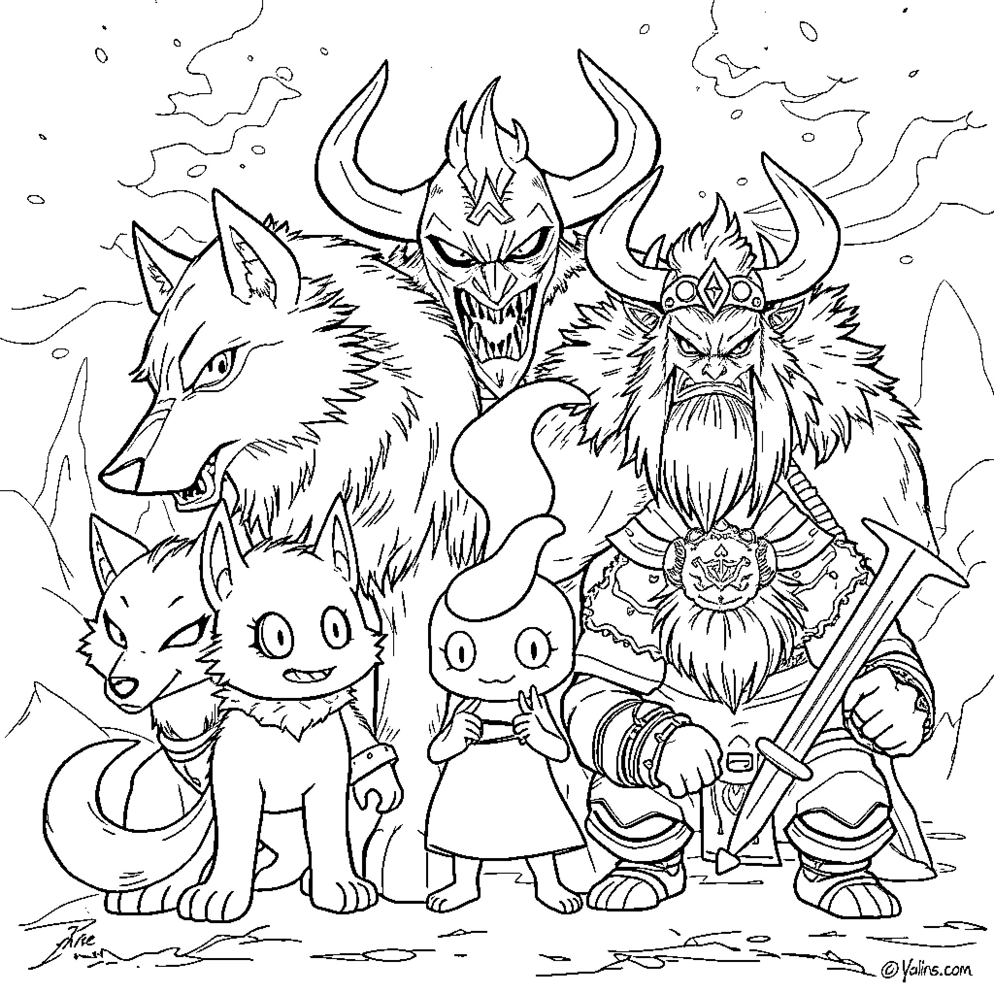 Slime Creatures Battling in Enchanted Realm Coloring Page (free black-and-white line drawing printable PDF for all, from beginners to advanced learners, including children, teens, adults, and seniors)