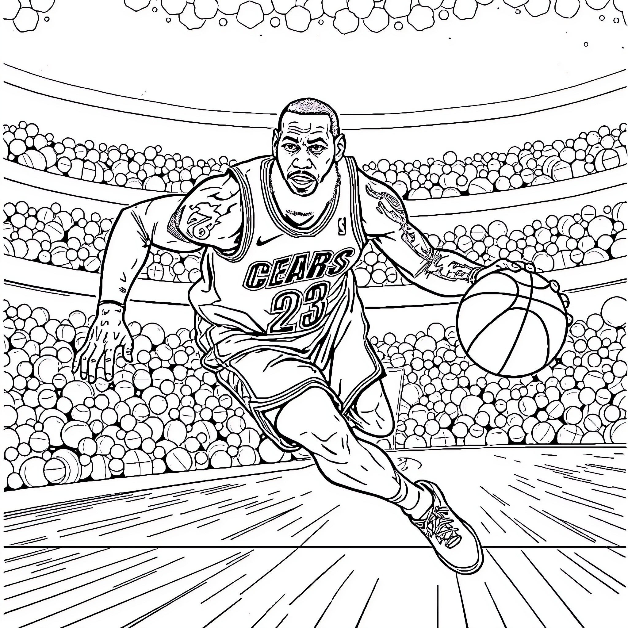 LeBron James in action on the basketball court Coloring Page (free black-and-white line drawing printable PDF for all, from beginners to advanced learners, including children, teens, adults, and seniors)