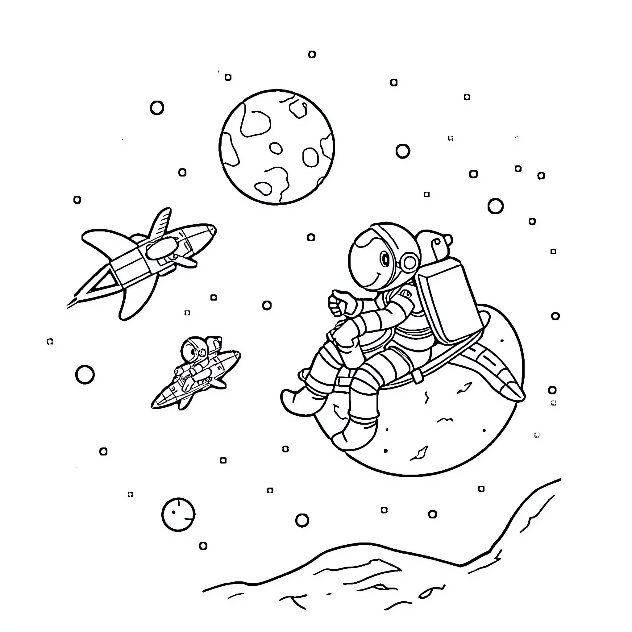 Paw Patrol Space Exploration Adventure Coloring Page (free black-and-white line drawing printable PDF for all, from beginners to advanced learners, including children, teens, adults, and seniors)
