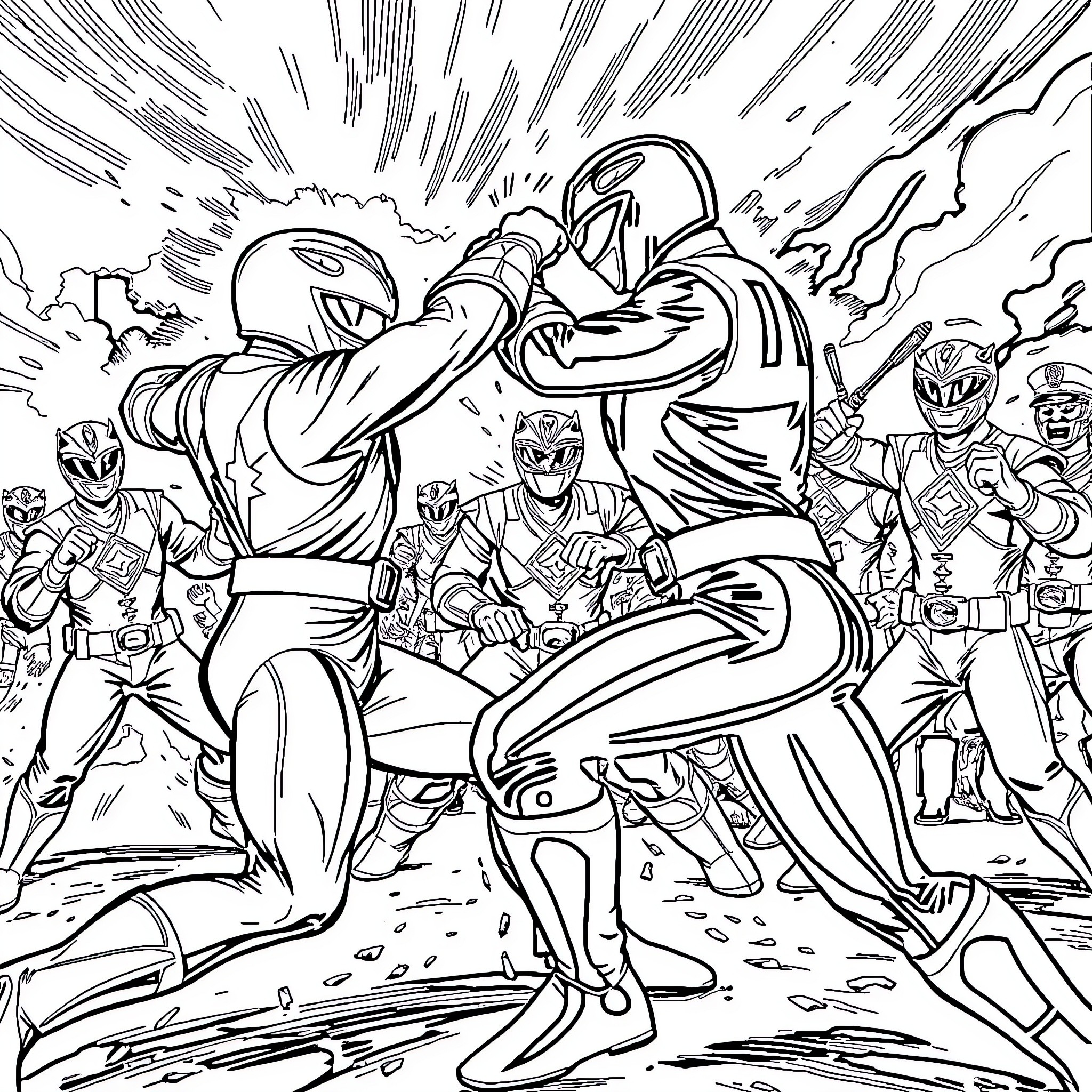 Power Rangers in epic battle scene Coloring Page (free black-and-white line drawing printable PDF for all, from beginners to advanced learners, including children, teens, adults, and seniors)