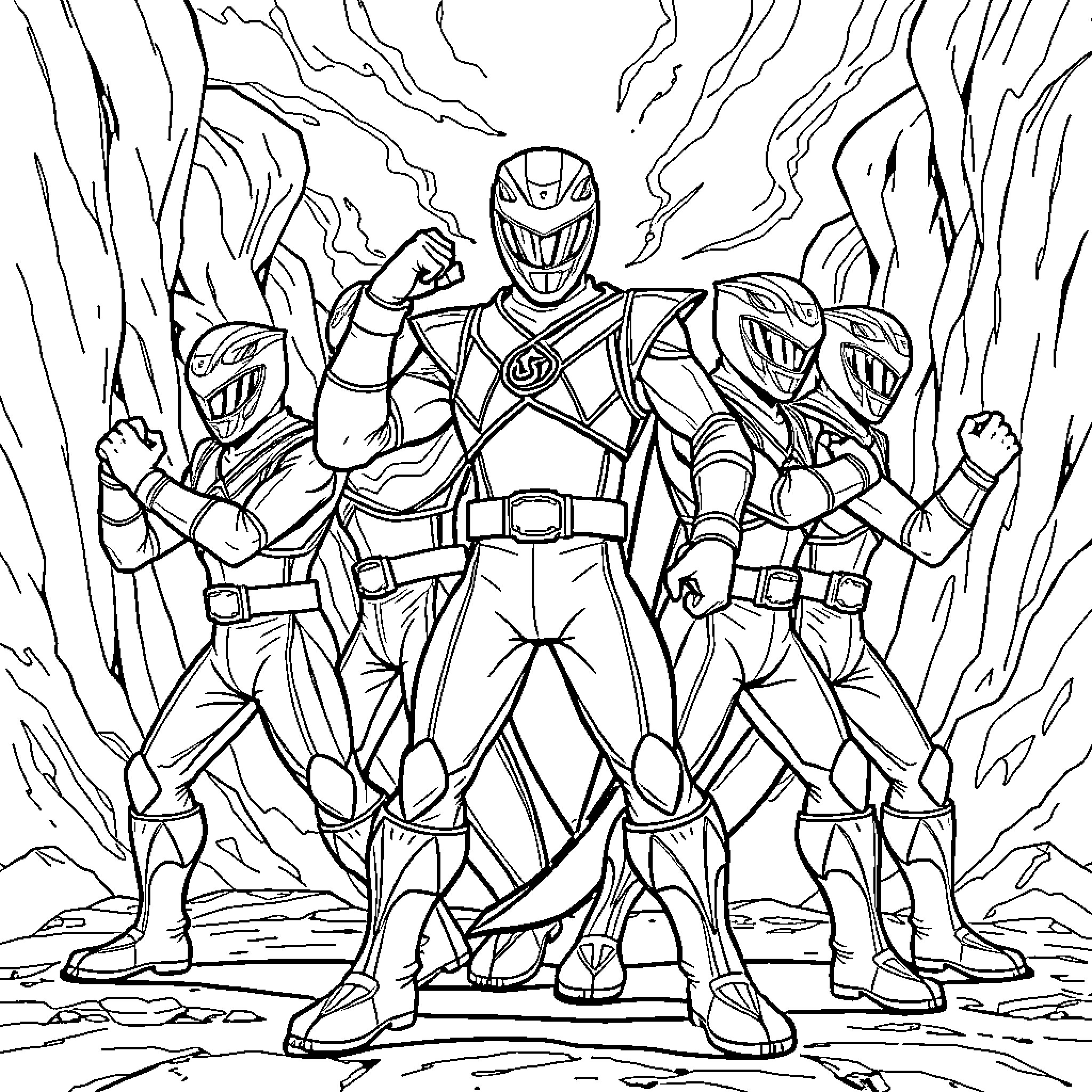 Power Rangers Unite for Action-Packed Battle Coloring Page (free black-and-white line drawing printable PDF for all, from beginners to advanced learners, including children, teens, adults, and seniors)