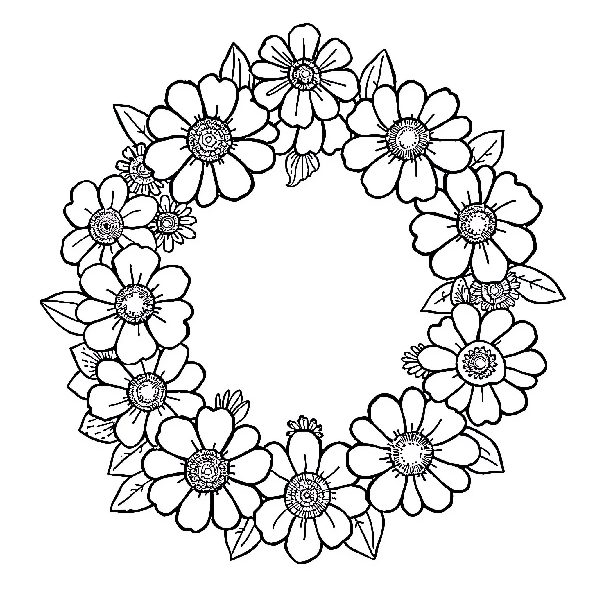 Ring of Elegant Flower Blossoms Coloring Page (free black-and-white line drawing printable PDF for all, from beginners to advanced learners, including children, teens, adults, and seniors)