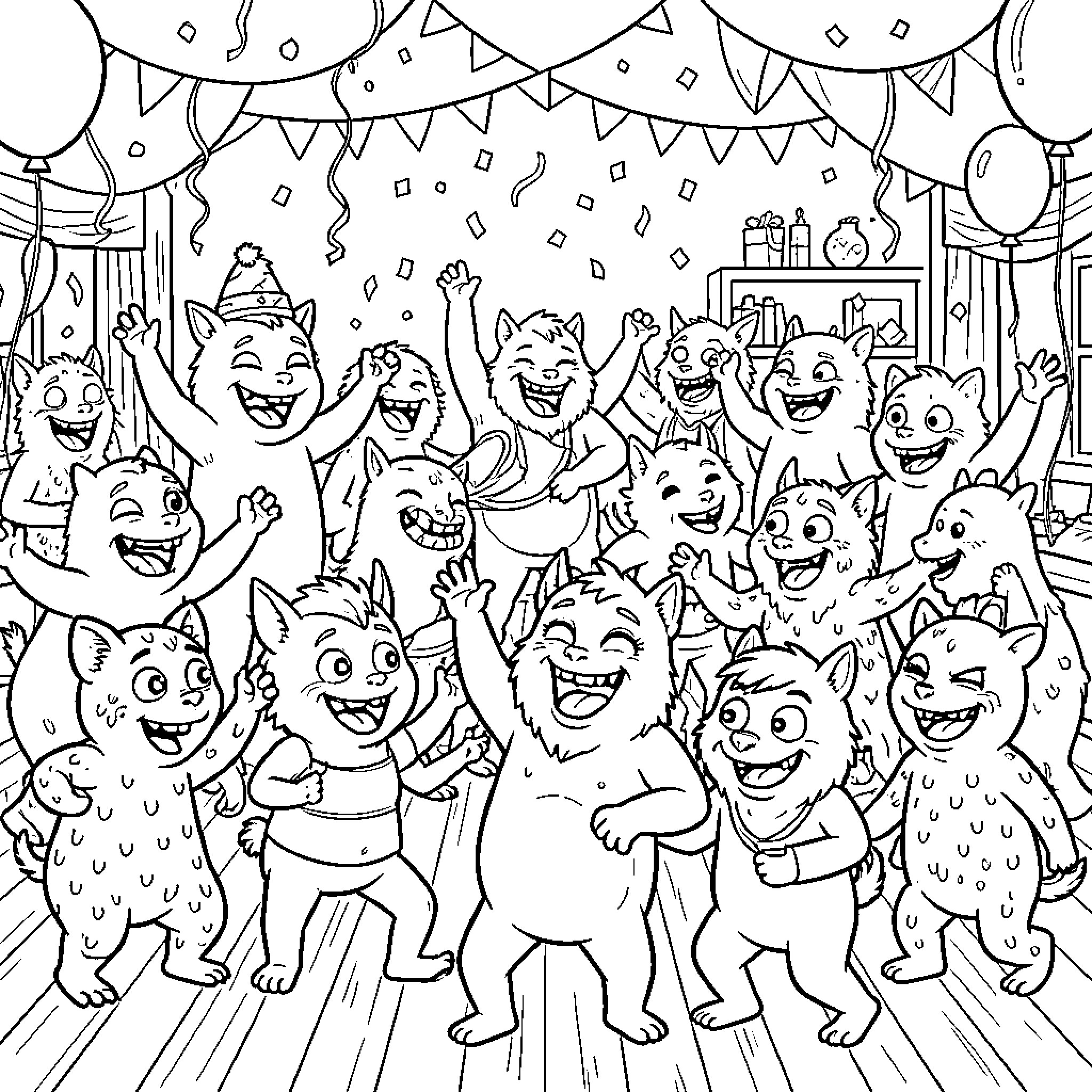 Monster creatures celebrating a joyful party together Coloring Page (free black-and-white line drawing printable PDF for all, from beginners to advanced learners, including children, teens, adults, and seniors)