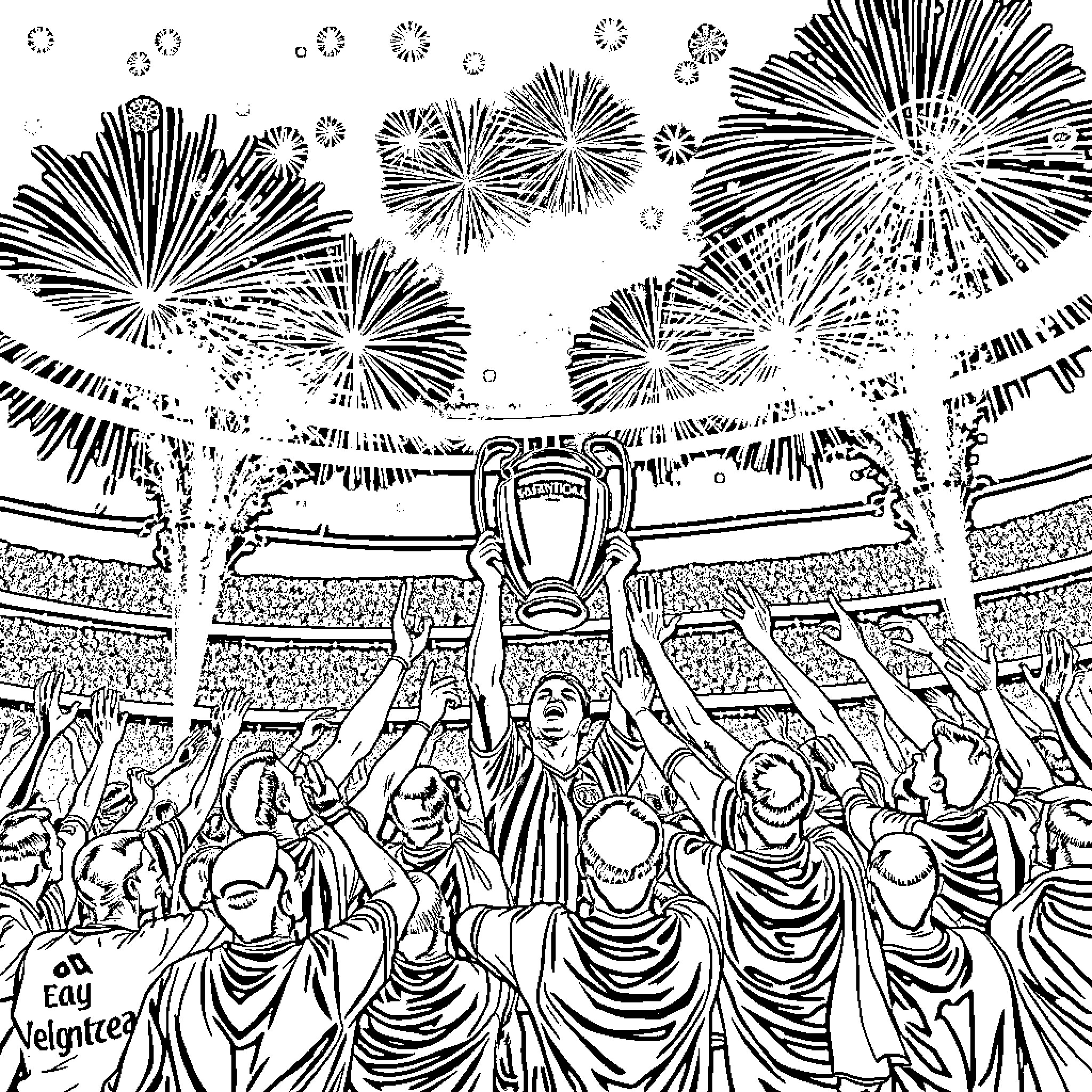 Valencia CF Champions League Celebration Coloring Page (free black-and-white line drawing printable PDF for all, from beginners to advanced learners, including children, teens, adults, and seniors)
