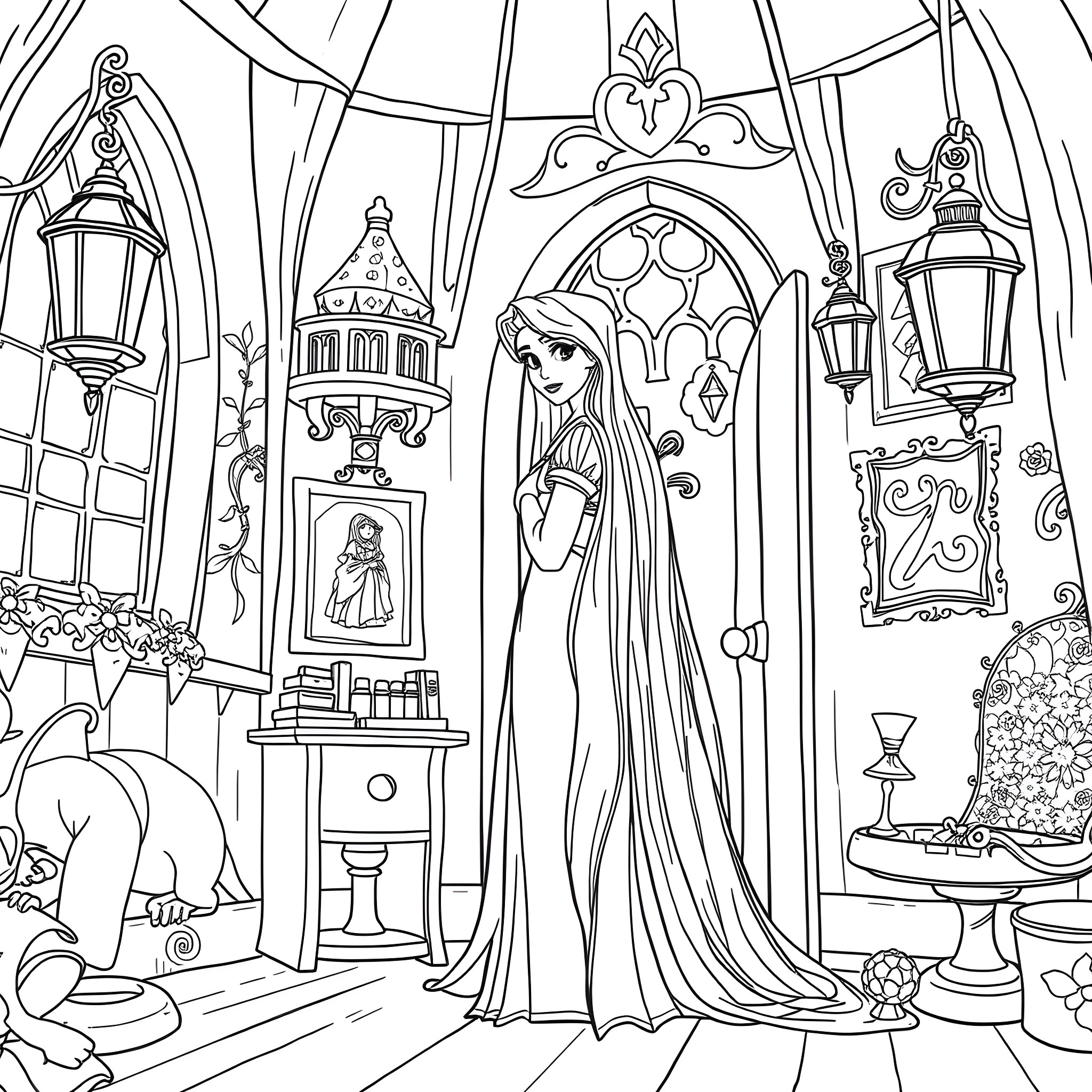 Pascal's Enchanting Castle Scene Coloring Page (free black-and-white line drawing printable PDF for all, from beginners to advanced learners, including children, teens, adults, and seniors)