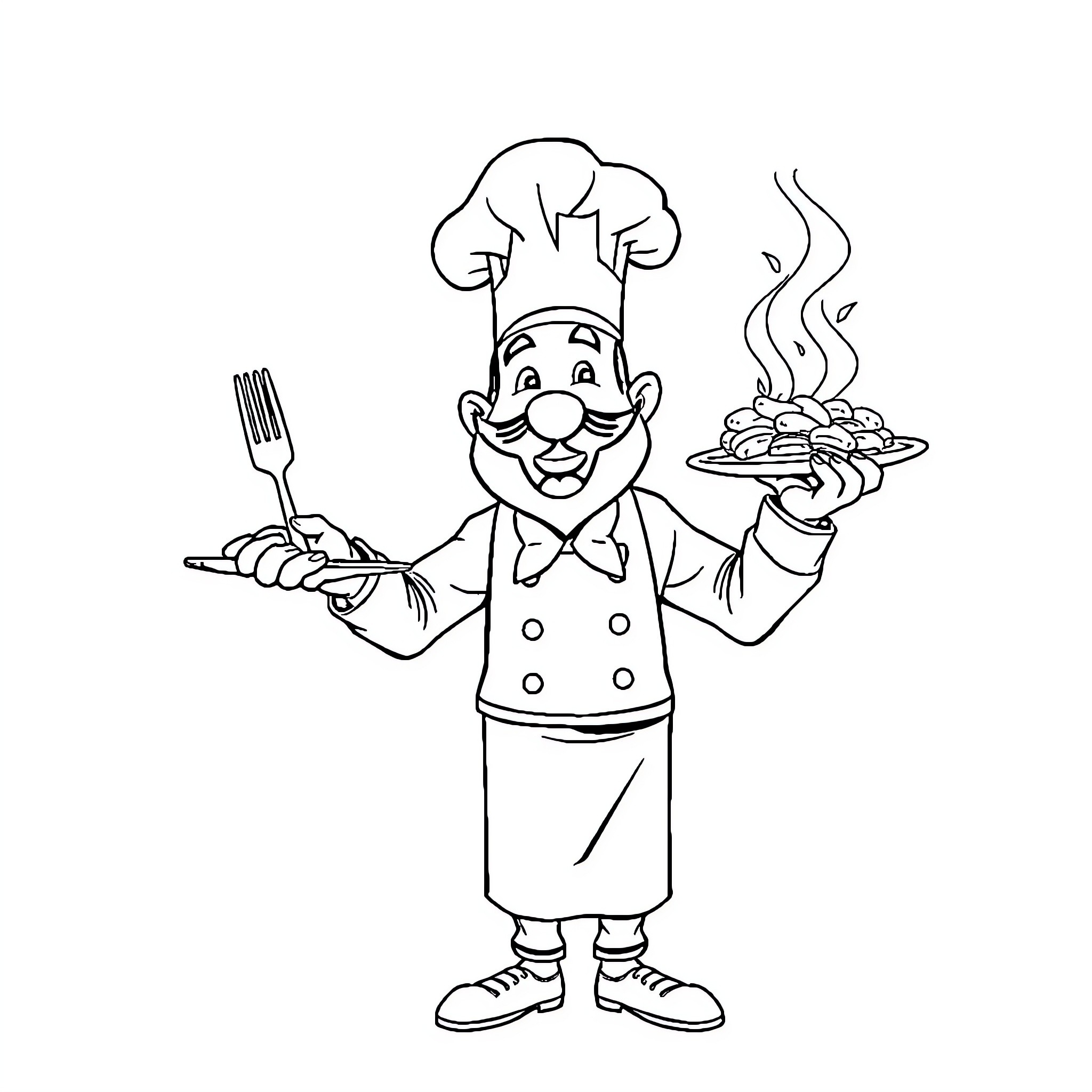 Cuisinier Serving Delectable Cuisine with Joy Coloring Page (free black-and-white line drawing printable PDF for all, from beginners to advanced learners, including children, teens, adults, and seniors)