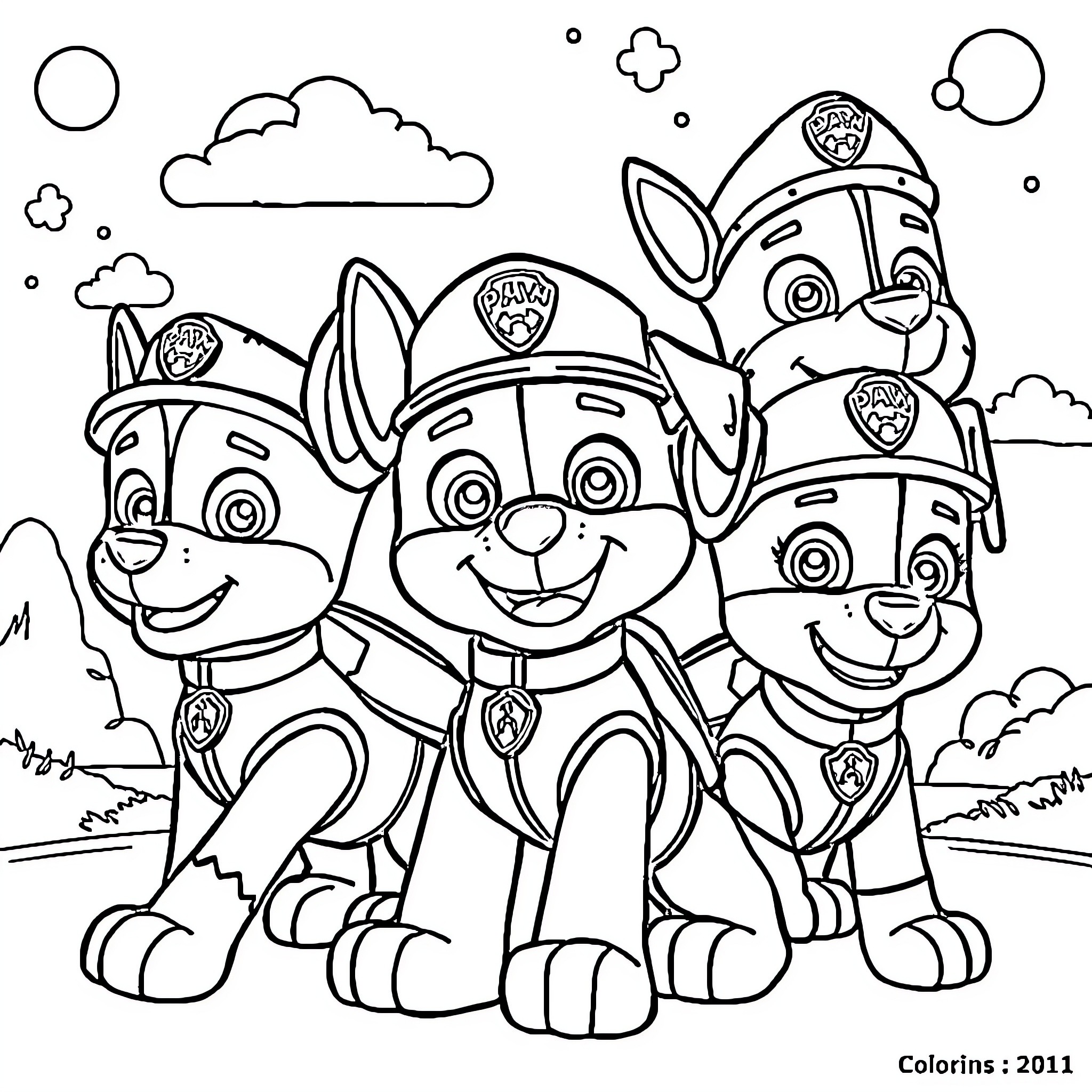 Paw Patrol pups in action-packed adventure Coloring Page (free black-and-white line drawing printable PDF for all, from beginners to advanced learners, including children, teens, adults, and seniors)