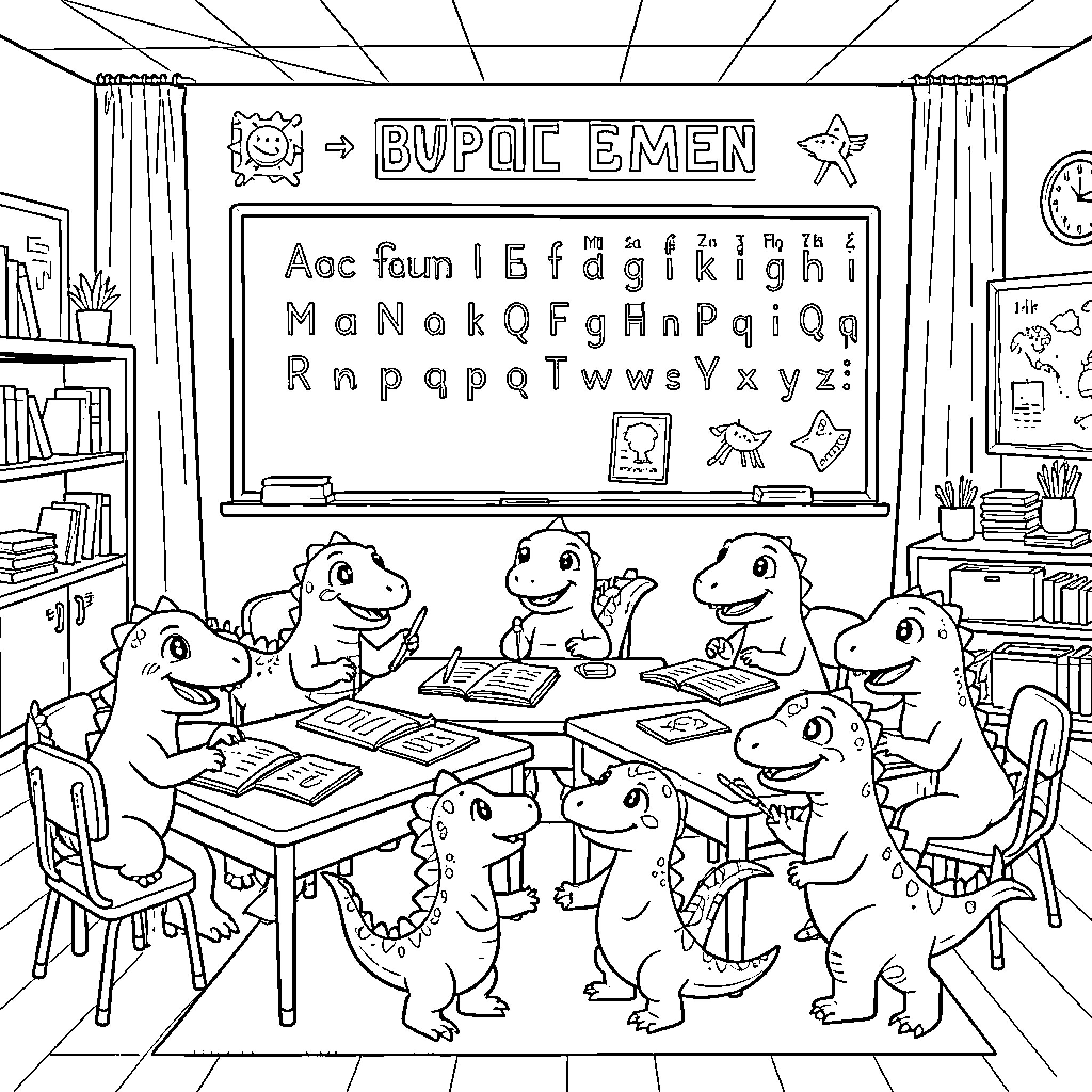 Dinosaur students studying together in a classroom setting Coloring Page (free black-and-white line drawing printable PDF for all, from beginners to advanced learners, including children, teens, adults, and seniors)