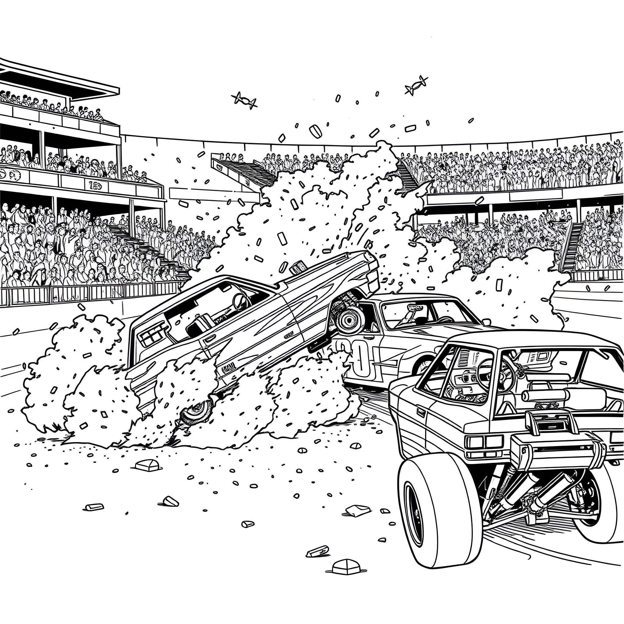 Car Demolition Derby in a Crowded Stadium Coloring Page (free black-and-white line drawing printable PDF for all, from beginners to advanced learners, including children, teens, adults, and seniors)