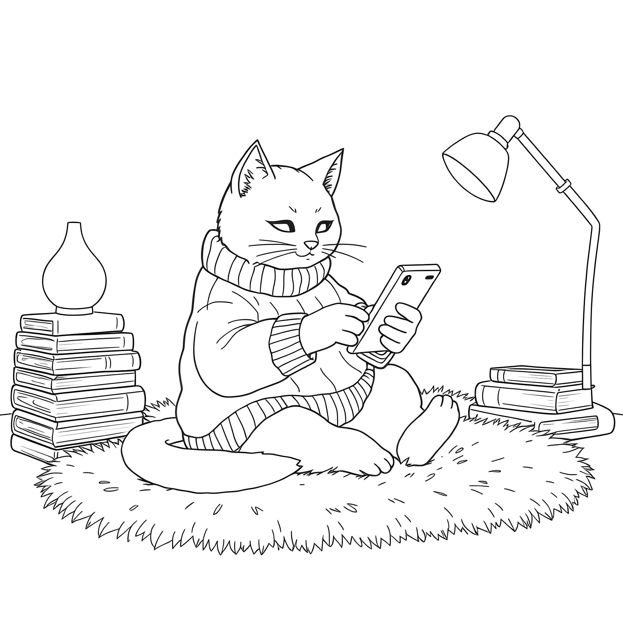 Cat using a smartphone in a cozy study Coloring Page (free black-and-white line drawing printable PDF for all, from beginners to advanced learners, including children, teens, adults, and seniors)