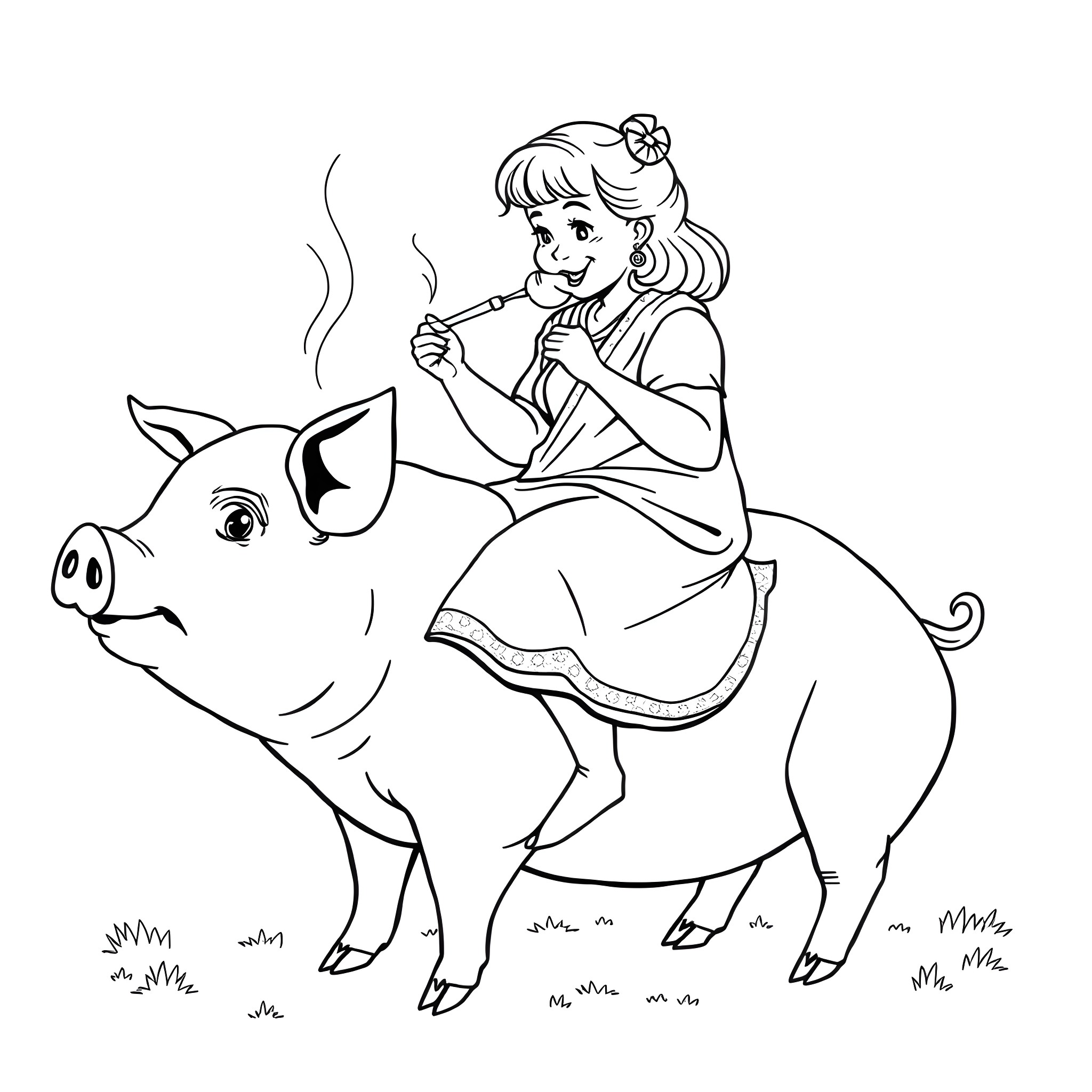 Mom and Pig Enjoying Quality Time Together Coloring Page (free black-and-white line drawing printable PDF for all, from beginners to advanced learners, including children, teens, adults, and seniors)